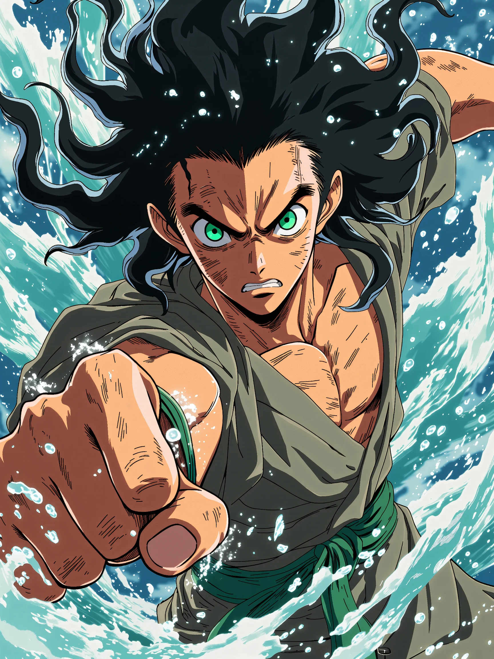 Anime style male character with long flowing black hair intense green eyes and a determined expression surrounded by water splashes ready to deliver a powerful punch, best quality, masterpiece <lora:MJanime_Flux_LoRa_v3_Final:1.0>