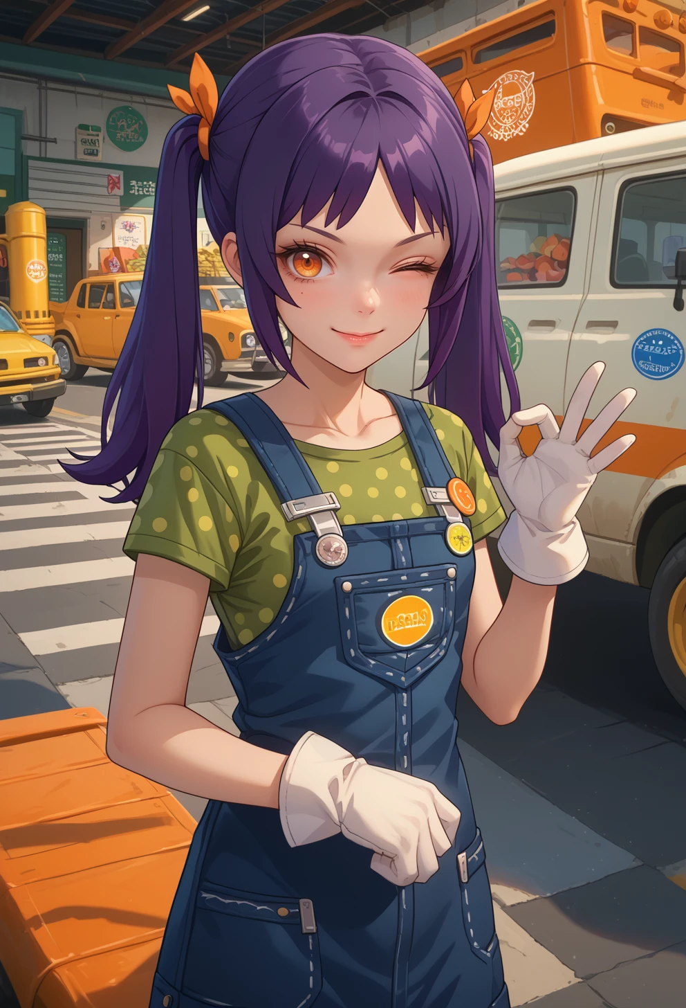 score_9, score_7_up, source_anime, BREAK <lora:AESjal:0.7> AESjal, orange eyes, long hair, purple hair, sidelocks, twintails, hair ribbon, orange ribbon, badge, blue overalls, green shirt, polka dot shirt, short sleeves, white gloves, overall skirt, capri pants, boots, yellow footwear, portrait, selfie, smile, one eye closed,  hand up,  <lora:ok_Pony_v1:1> ok sign