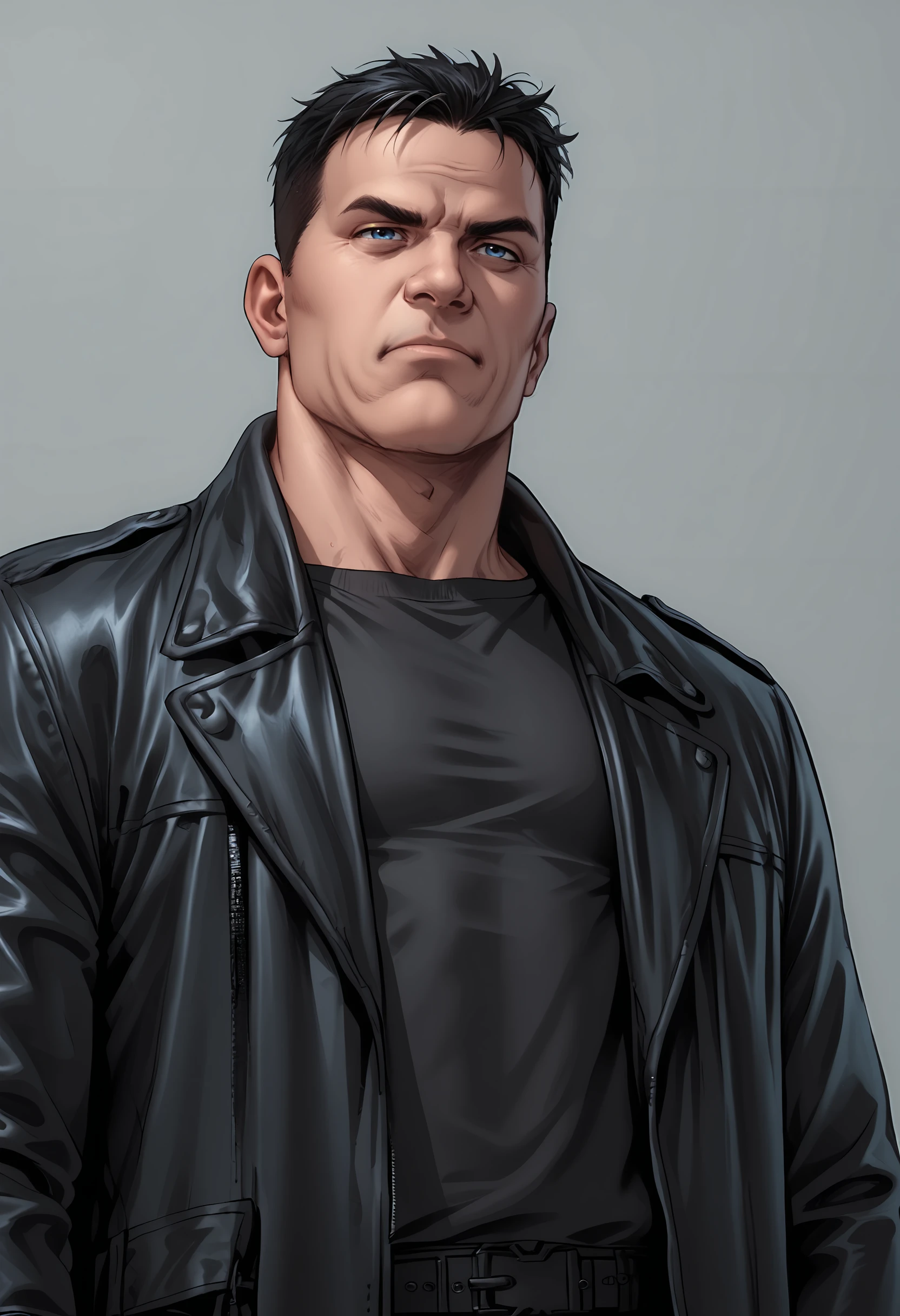 score_9, score_8_up, score_7_up, score_6_up, score_5_up, score_4_up, 1boy, <lora:BillyButcherComicsP:0.85>  male focus, black hair, short hair, blue eyes, jacket, shirt, black shirt, leather jacket, coat, manly, square jaw, muscular, from below, angry,
simple background,