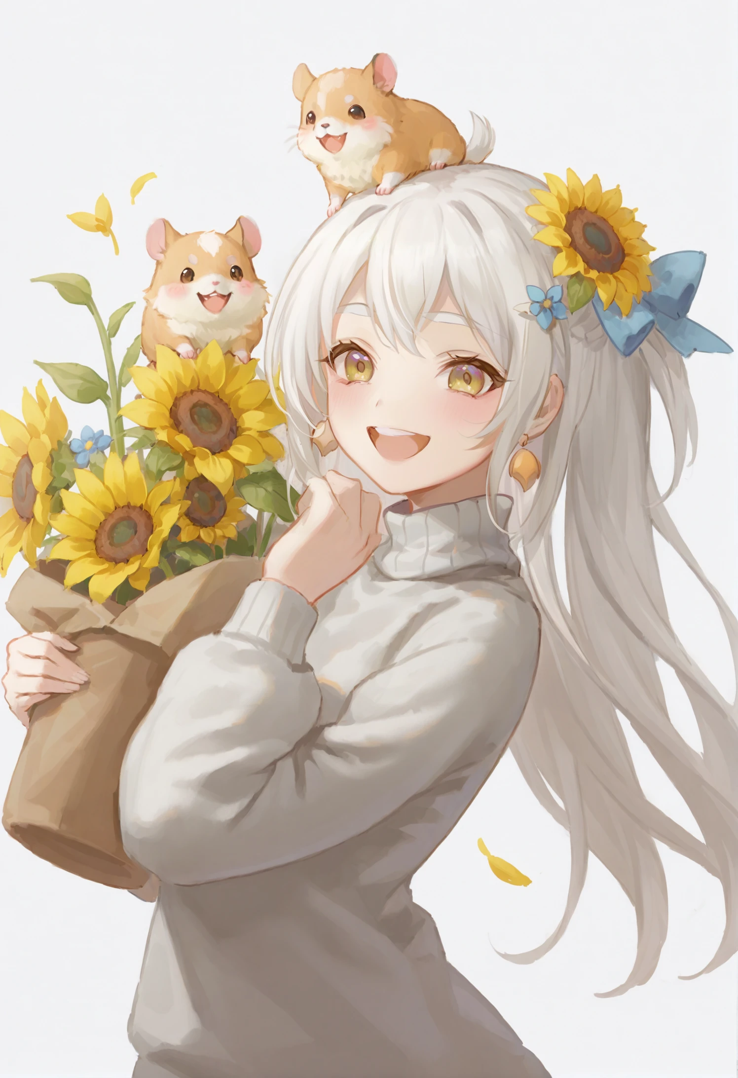 masterpiece, best quality, 1girl, flower, solo, smile, long hair, white background, :d, simple background, hair ornament, braided bangs, hair bow, looking at viewer, braid, open mouth, hair flower, animal on head, bow, upper teeth only, hamster, upper body, blush, turtleneck, virtual youtuber, side ponytail, blue bow, on head, animal, sunflower, yellow flower, round teeth, teeth, blue flower, holding, earrings, sweater, white hair, thick eyebrows, jewelry, very long hair 
 <lora:joezunzunXLlokr4f-000179:0.95>