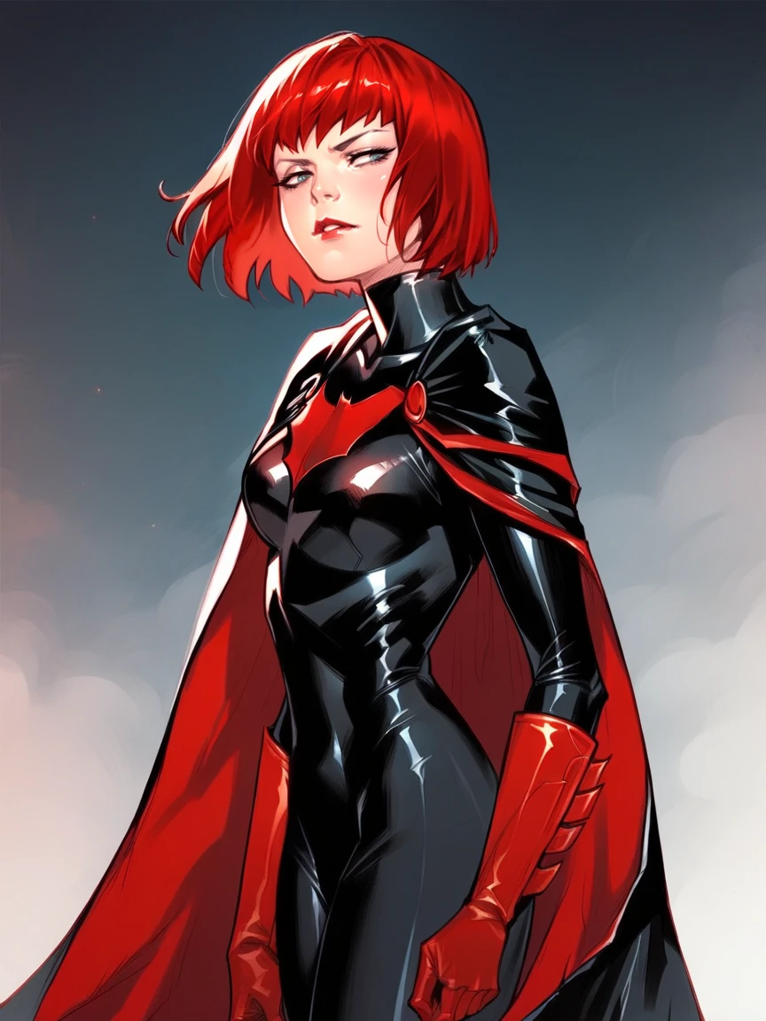 score_9, score_8_up, score_7_up, score_6_up, score_5_up,  <lora:B4twomanXLP:1> b4twoman, 1girl, solo, red hair, gloves, short hair, cape, bodysuit