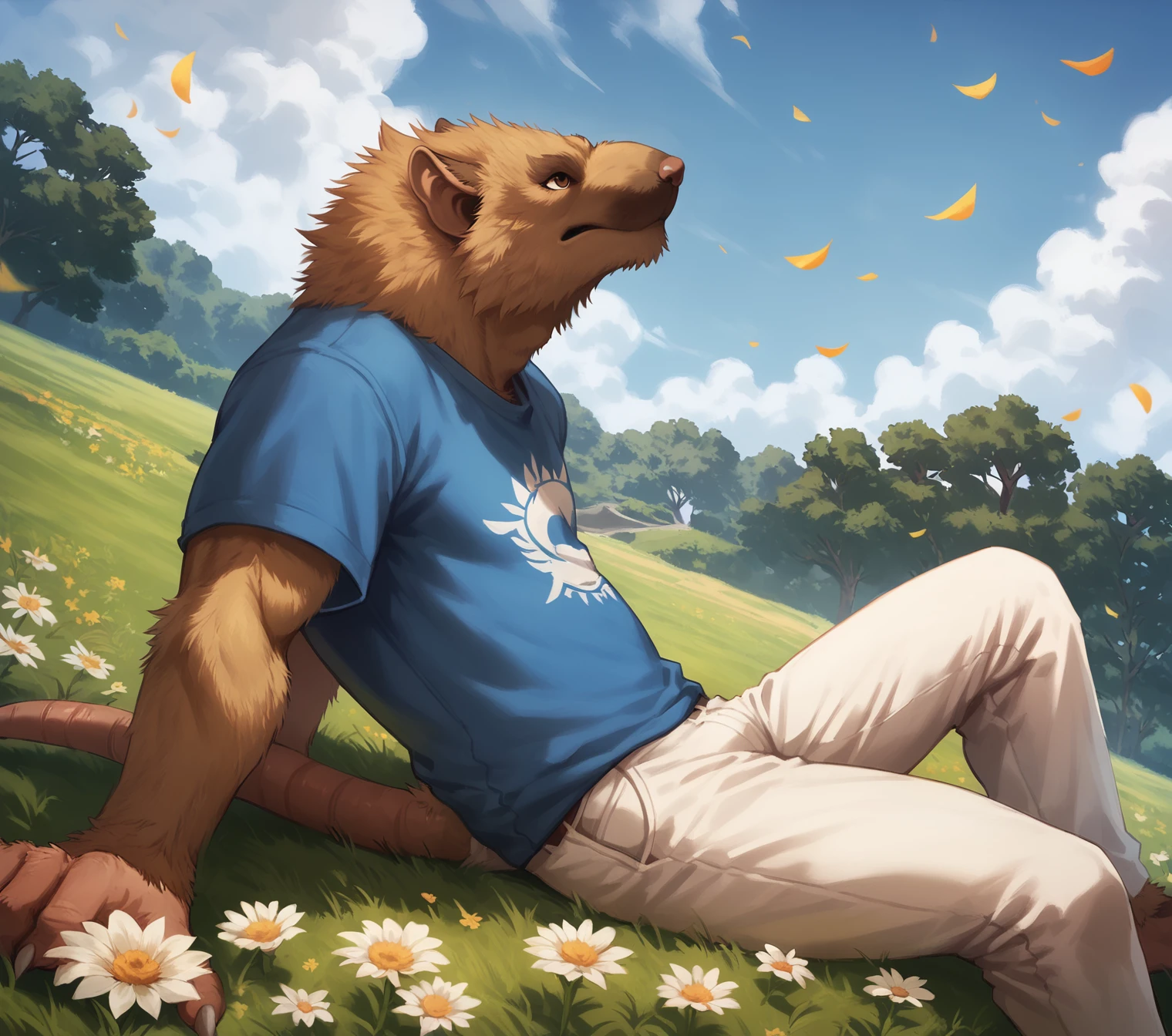 score_9, score_8_up, score_7_up, score_6_up,
yws, rat, solo, male, anthro, brown eyes, sitting on ground, looking up, raised head, blue sky, cloud, bent leg, grass, flower, detailed background, plant,dutch angle,
BREAK
yws, rat, solo, male, anthro,  (blue t-shirt:1.2), white pants, side view, leaning back,
<lora:BlackMythYellowWindSage_1.0.2:1> <lora:Smooth Anime 2 Style SDXL_LoRA_Pony Diffusion V6 XL:0.8>