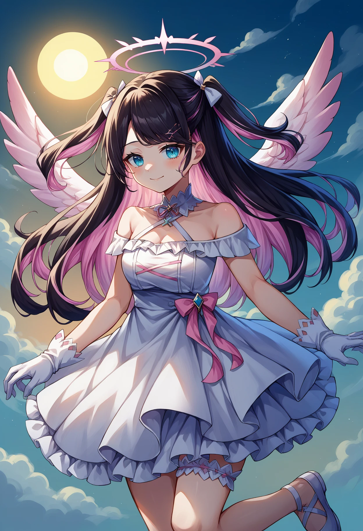 score_9, score_8_up, source_anime, 1girl, solo, NazunaAngl, blue eyes, multicolored hair, black hair, pink hair, long hair, two side up, white hair ribbon, hairclip, halo, wings, detached collar, white dress, criss-cross halter, off-shoulder dress, frills, white half gloves, bridal garter, flying, midair, floating, sky, clouds, sun, smile, <lora:ChamNazunaKagaPonyXL:1>