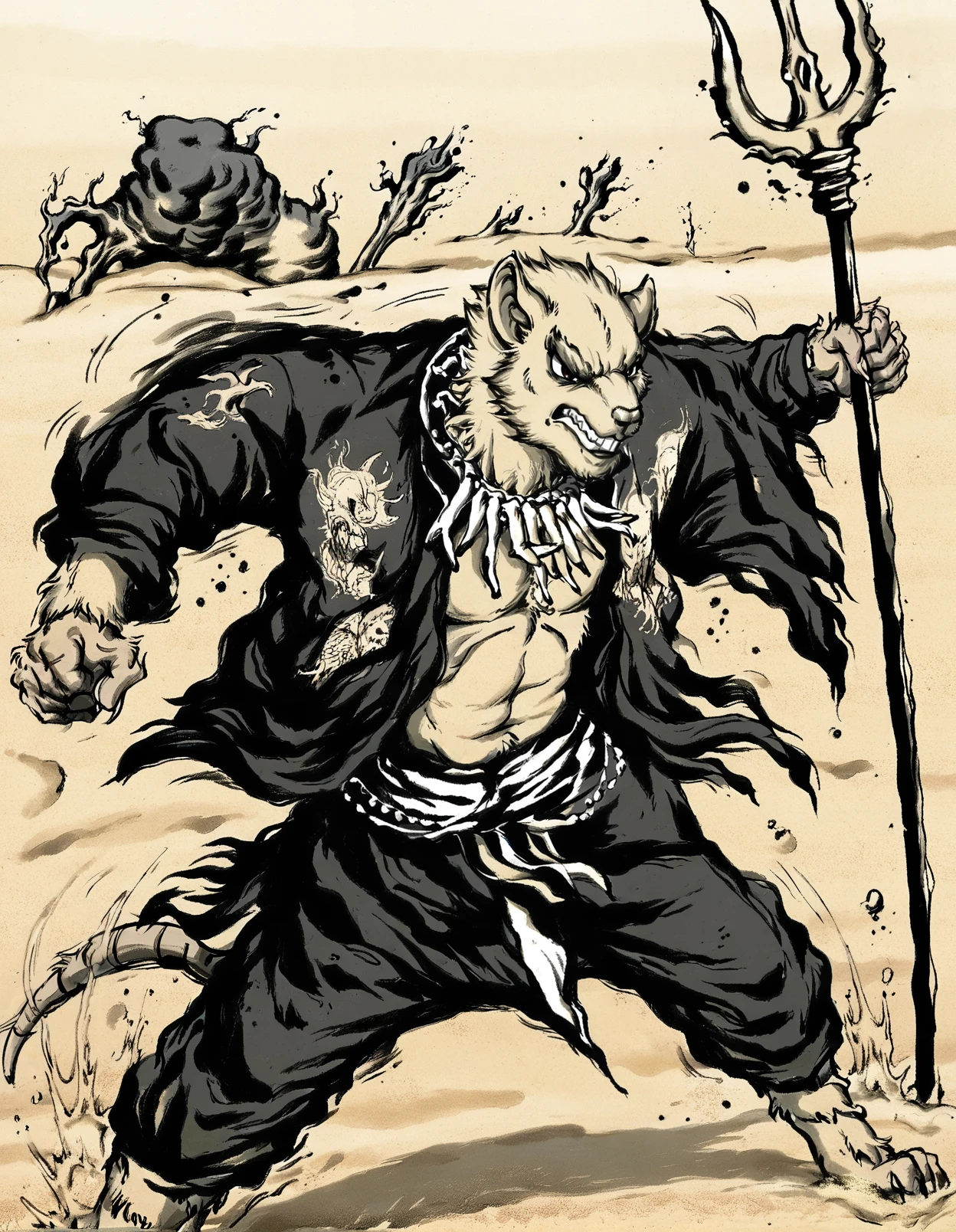 ink wash painting style, (monochrome:1.2), yws, rat, solo, male, anthro, determined, bone necklace, black shirt, pattern shirt, open shirt, tassets, fighting pose, swinging weapon, holding weapon, motion lines, desert, sand, dunes, simple background, monochrome background, three-quarter portrait,  black and white, pitchfork, clenched teeth
<lora:BlackMythYellowWindSage_1.0.2:1><lora:xl_ink wash painting style(pony):1>