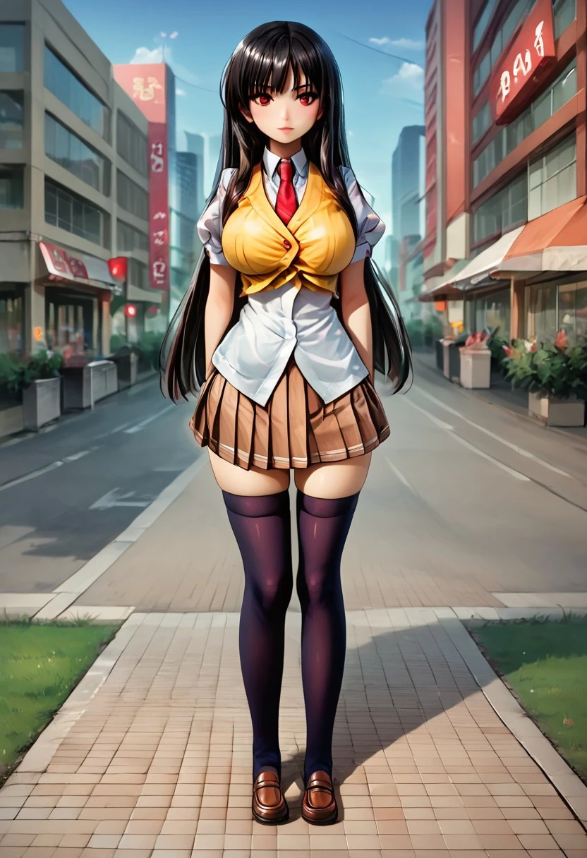 3nah1me, 1girl, solo, thighhighs, skirt, necktie, black thighhighs, zettai ryouiki, vest, school uniform, shoes, loafers , city, city lights, cityscape,indoors, walking on the sidewalk, cafe with tables outside, shop windows,(zPDXL2:1.5), bulky body, big breasts, wide hips, <lora:584554b1-5638-4ae3-a13c-f32e986cc10d:1.0>, <lora:d73a94d8-d621-43ad-a0df-a7200916478b:1.0>