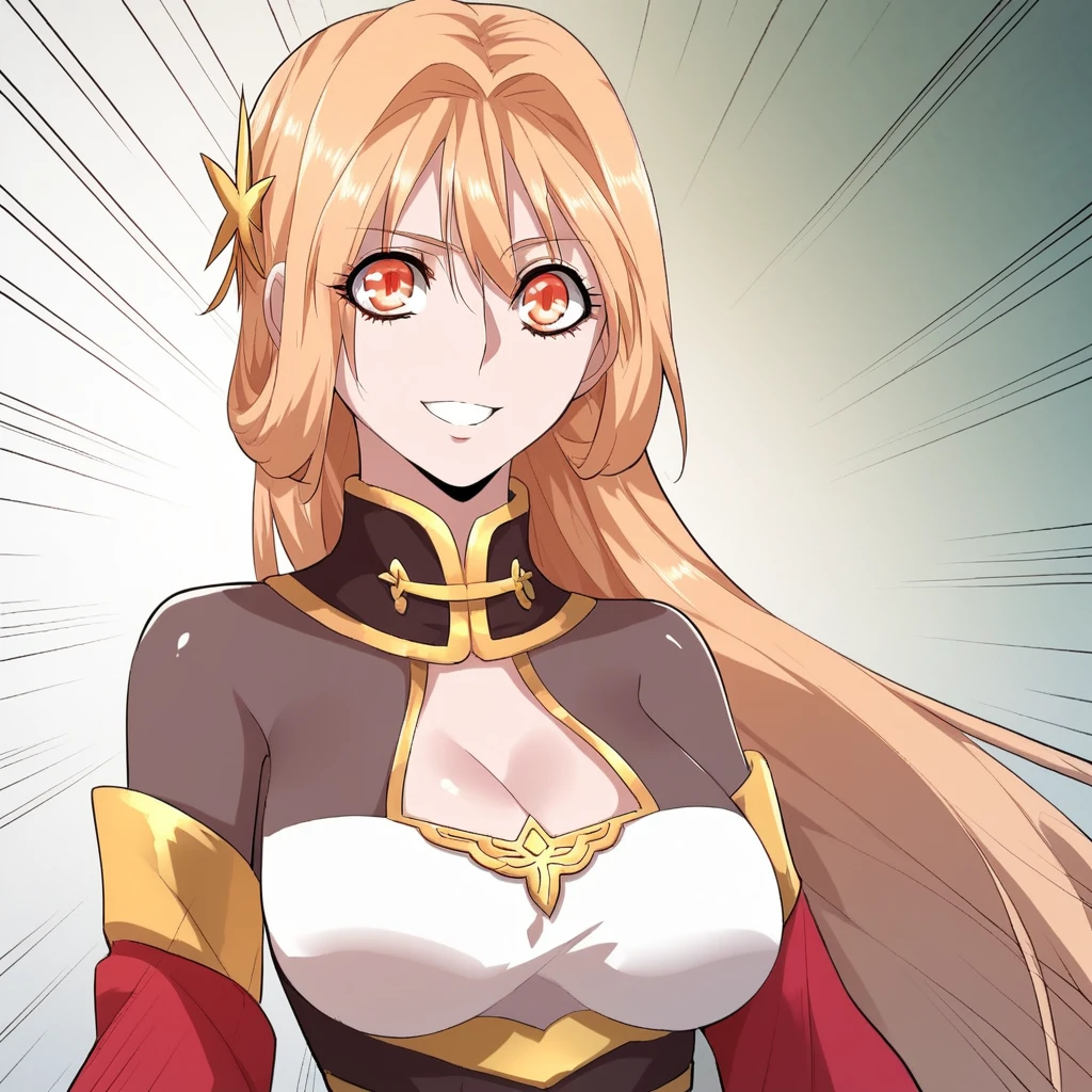 score_9_up, score_8_up, BREAK, Luoyun-chang, 1girl, solo, blonde hair, long hair, orange eyes, large breasts,  dress, cleavage cutout, smile, upper body,  <lora:LuoYun-Chang_MagicEmperor_PXL_Leaf2:0.8>, speed lines,