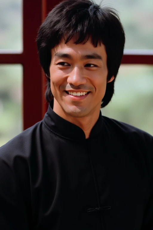 shaolinabbot_brucelee, a chinese shaolinabbot_brucelee man, brucelee, 1boy, male focus, ((solo)), black hair, dressed in traditional black Chinese martial arts attire, standing, (((portrait, close up, seen from up close))), smile, happy, <lora:ShoalinAbbot_BruceLee_ETD_Flux:0.7>