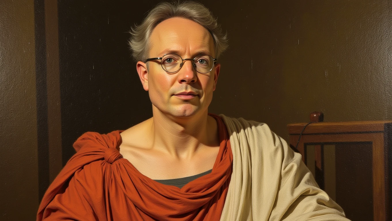 grey-blonde hair, middle age, Michiel Leezenberg wearing glasses and ancient Roman attire, in the style of an oil painting by leonardo da vinci  <lora:Michiel Leezenberg V1:1>