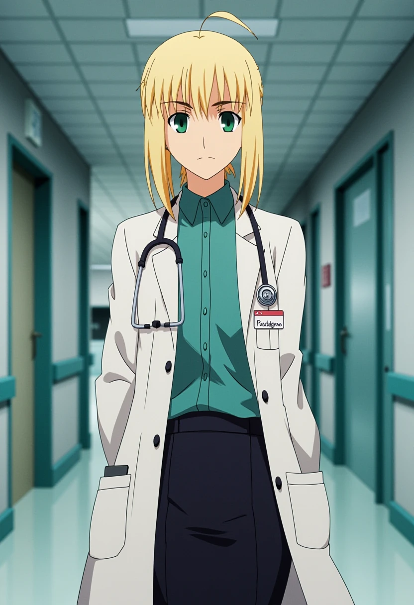 Anime style, sharp, high contrast and highly detailed. Ghibli anime style. Perfect anatomy. Perfect body ratio. No oversized head. No blurry, out of focus pictures. No simple background, no single color background.
 <lora:Atoria Pendragon_epoch_7:1>, 
A portrait of atoria. She has blonde hair. 
She is wearing a labcoat, a shirt and a pencil skirt. She wears a stethoscope. A nametag is attached to the chest of her labcoat that reads "Pendragon".
She is standing in the hallway of a modern hospital. 
Full body.