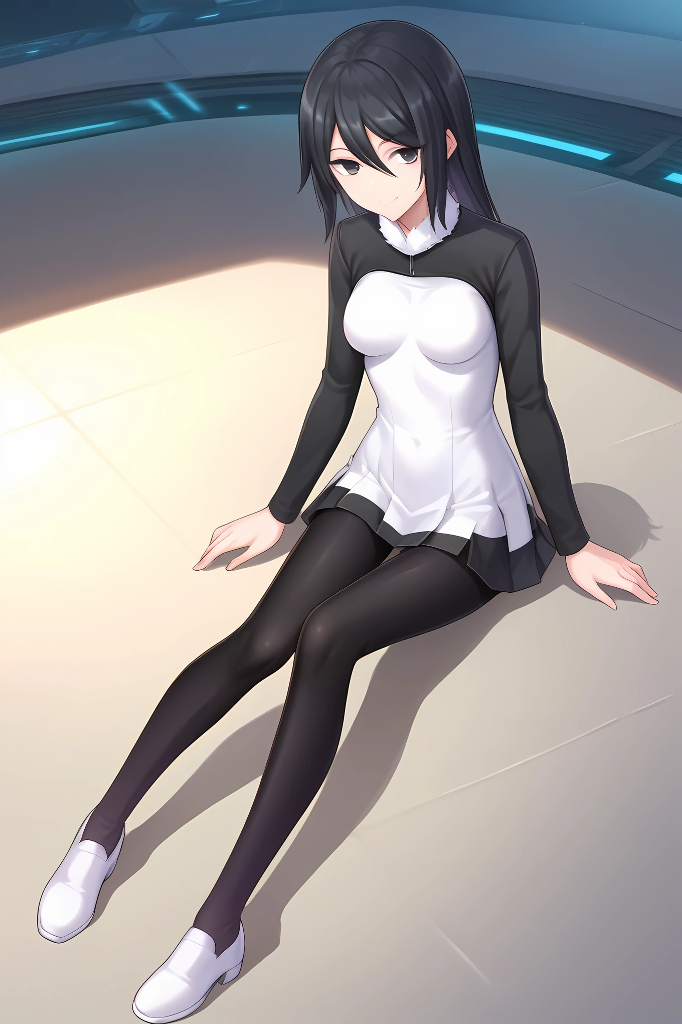 (white dress two-tone dress black sleeves short dress black leggings white shoes), dsc-yuuko, black hair, medium breasts, 1girl, solo, skinny, score_9, score_8_up, score_7_up, score_6_up, score_5_up, source_anime, light smile, , (1.3::full body|sitting|standing|lying|0.6::close-up| :1.20), feet, <lora:dsc-yuuko-V01-000005:0.80>