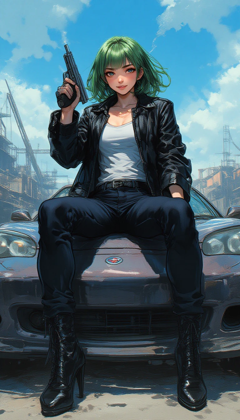 In the style of detailed comic book art, cyberpunk imagery and character design " shared in r-musculargirlart" on typical reddit post , full body photo of muscular female with green hair smoking cigarette while sitting on hood of sports car . She is wearing black leather jacket, tight jeans and high heels shoes. The background shows an industrial area with sky blue cloudy skies. In her hands she holds silver gun. Her face has some freckles and is smiling to camera.,lyh