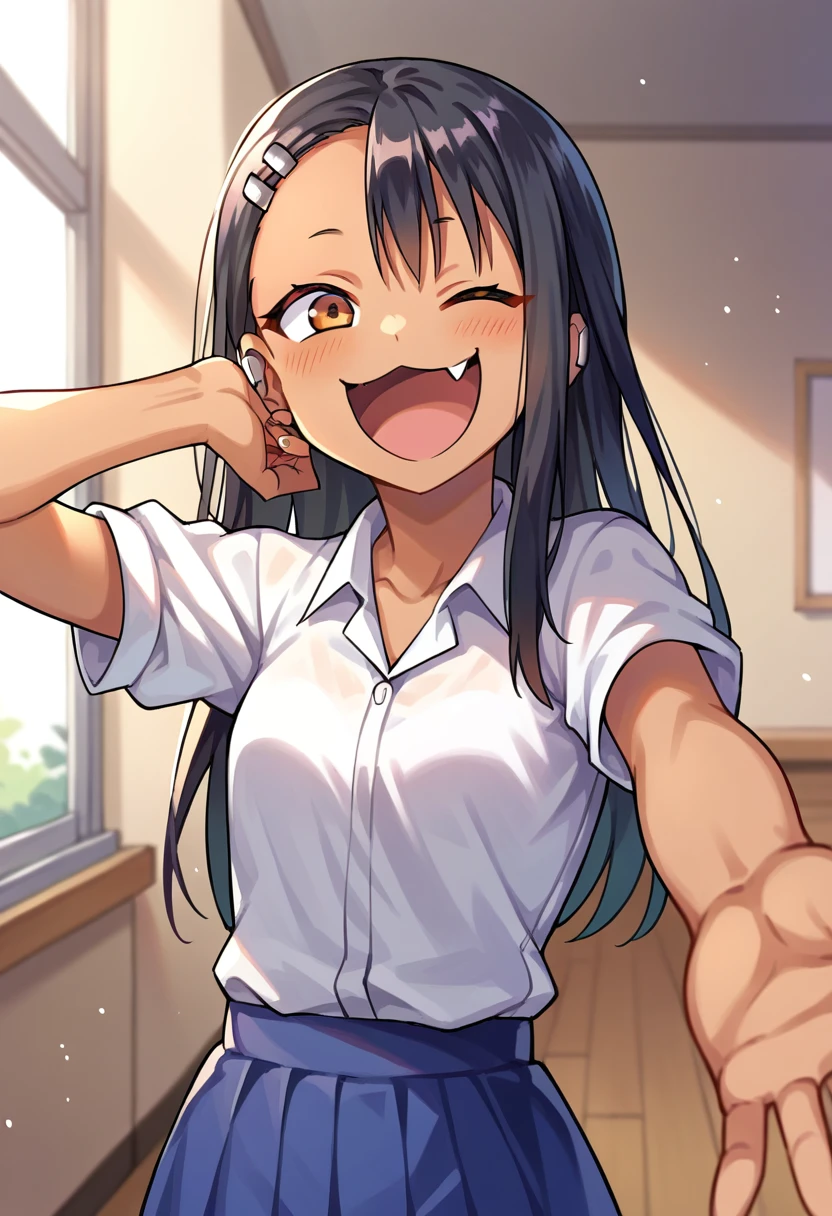 (masterpiece), (best quality), (ultra-detailed), amazing quality, very aesthetic, illustration, perfect composition, intricate details, absurdres, incredibly absurdres, shiny skin, realistic, 1girl, nagatoro hayase, black hair, dark skin, hair pin, small breasts, upper body, school uniform, white shirt, blush, narrowed eyes, open mouth, sweat, jitome, smile , leaning forward, looking at viewer, close-up, asmr, (whispering), heavy breathing, shadow, pov, from below, hotel room, love hotel,dark room, night, dark purple light, messy room, sweat, steaming body, steam, humiliation, netorare, hotel room, love hotel, puple light, night, steam, CorruptR, makeup, eyeshadow, half-closed eyes, empty eyes, shiny skin, shiny clothes,