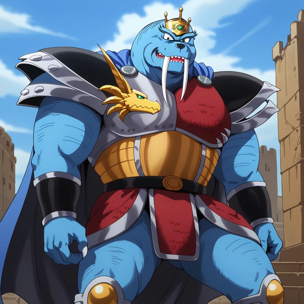 Borahorn, solo, beastman, male, black eyes, 2d, anthropomorphic walrus, armor, blue skin, muscular, walrus-like, kind of crown placed on the head, cape, dark gray cape with a blue interior, shoulder armor, dragon emblem, fantasy, large claws, claws, warrior, fangs, 4 toes, 4k, masterpiece, best quality, highly detailed, detail background, Borahorn standing with his arms crossed, looking down with a confident smile, A devastated battlefield with smoke and ruins in the background, under a cloudy sky