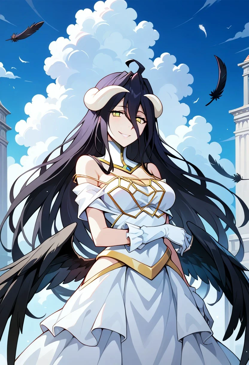 score_9,score_8_up,score_7_up,source_anime, albedo (overlord),1girl,solo,breasts,looking at viewer,smile,gloves,dress,bare shoulders,sky,cloud,white gloves,white dress,feathers,hip vent,