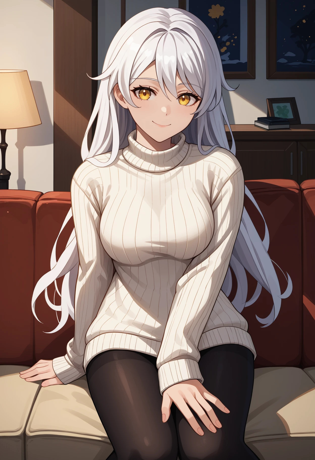 score_9, score_8_up, score_7_up, source_anime, <break> solo, 1girl, unkwngd, smile, looking at you, sitting, couch, long hair, white hair, yellow eyes, white sweater, sweater dress, ribbed sweater, turtleneck, black pantyhose, indoors, living room
<segment:yolo-face_yolov8m.pt,0.4,0.5//cid=1>