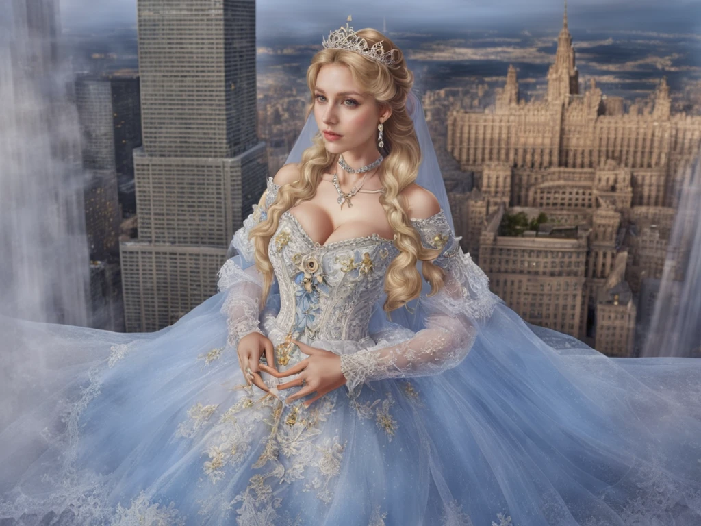 (masterpiece, best quality:1.2),illustration,8k,hd,1 girl,very long hair,(from above:1.4),solo,blonde hair,byrs,jewelry,dress,long sleeves,hair ornament,earrings,necklace,lace,tiara,choker,bow,lace-trimmed dress,(cleavage:1.2),(huge breasts:1.2),hands on own chest,(skyscraper:1.4),<lora:add-detail-xl:1>,<lora:killerè¸é¨å¤§å°è°èå¨v2-02:1>,(european princess:1.2),<lora:byrs XL:0.8>,