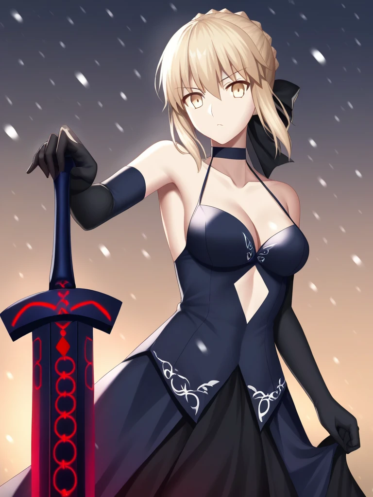 best quality, masterpiece, highres, solo, {altria_pendragon_alter_fgo:1.15}, blonde_hair, yellow_eyes, bangs, breasts, ribbon, braid, sidelocks, medium_breasts, hair_ribbon, hair_between_eyes, 1girl, cleavage, dress, excalibur_morgan_\(fate\), holding_sword, long_sleeves, sword, weapon, black_dress, holding, holding_weapon, looking_at_viewer, collarbone, french_braid, hair_bun, single_hair_bun, short_hair