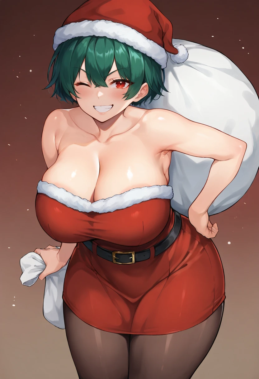 score_9, score_7_up,  1girl, 
huge breasts, wide hips, thick thighs, red hat, short hair, fur trim, thighs, collarbone, sack, breasts, christmas, blush, strapless, hand on own hip, holding sack, cleavage, bare shoulders, red dress, red eyes, black belt, fur-trimmed dress, curvy, dress, one eye closed, pantyhose, brown pantyhose, strapless dress, belt, looking at viewer, santa dress, santa hat, solo, smile, hat, merry christmas, green hair, fur-trimmed headwear, grin, holding, leaning forward
 <lora:Kawakami_Masaki-Style-PonyXL-GLoRA-compass:1>