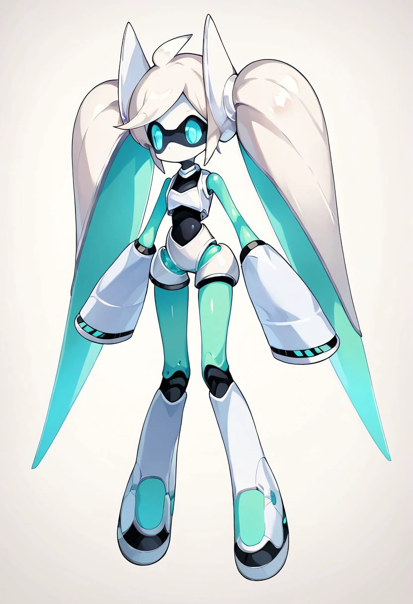 score_9, score_8_up, score_7_up, masterpiece, best quality, White background, 1girl, VoidollNND, Humanoid robot, White hair, white skin, robot, blue eyes, twintails, full body,