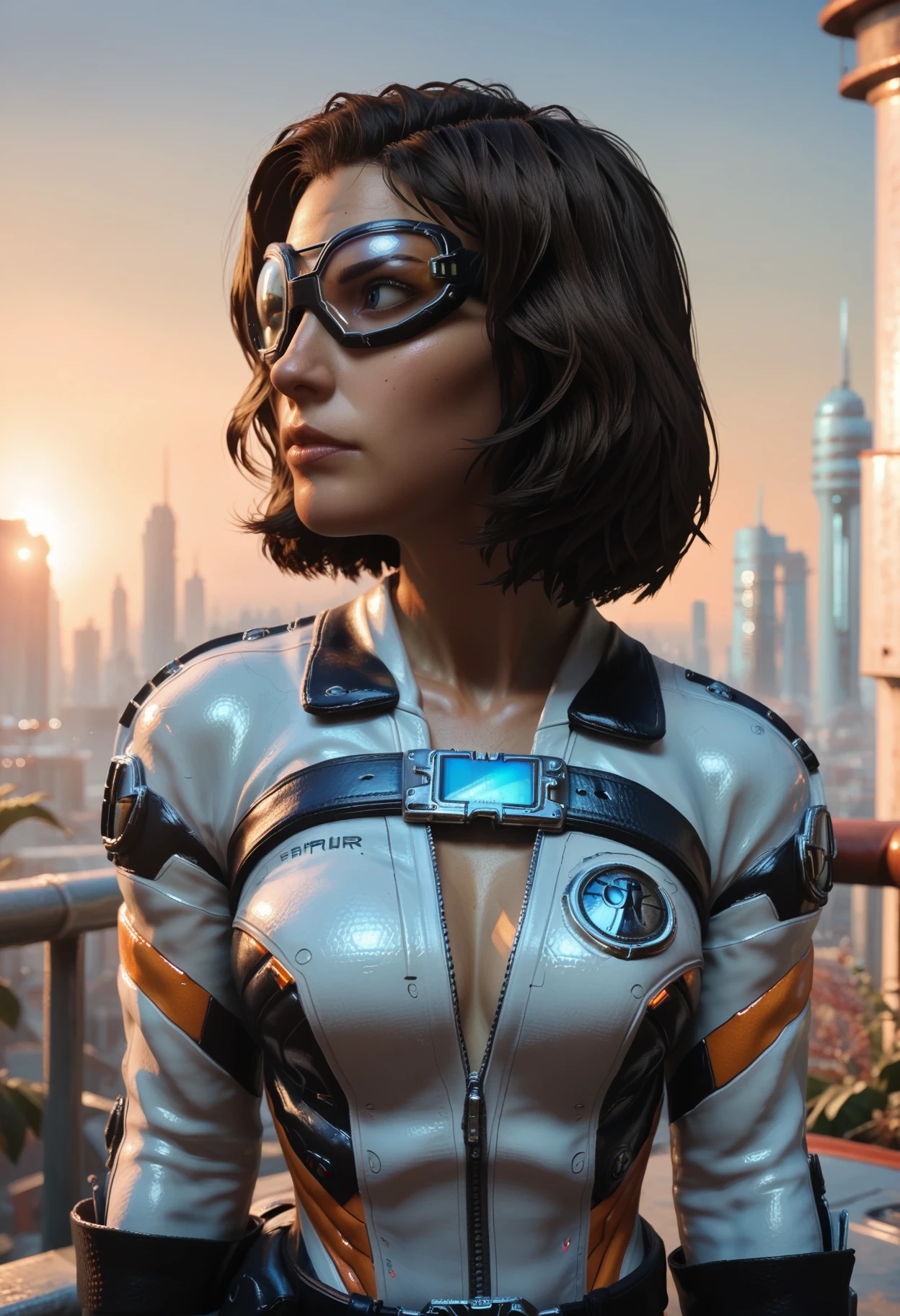 score_9, score_8_up, score_7_up, photo, realistic,
1girl, solo, brown hair, bob cut,
d4rkc0urs3r, power suit, chest harness, utility belt, pip-boy, goggles,
outdoors, sunset, cityscape,
contrapposto, looking afar,
portrait,
<lora:Dark_Courser_Pony_v1.0:0.7>