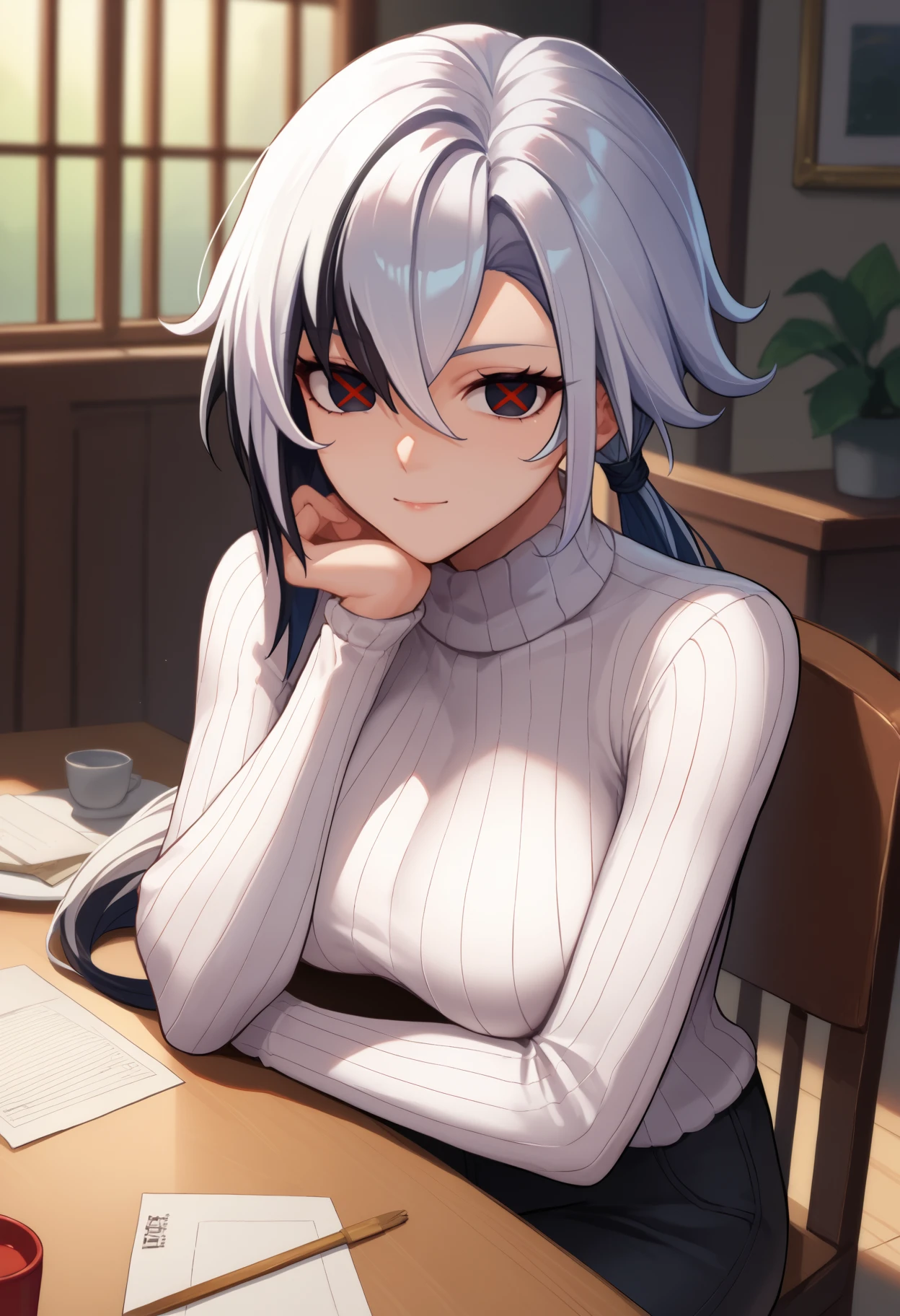 score_9, score_8_up, score_7_up, source_anime, <break> solo, 1girl, arlcno, light smile, looking at you, sitting, chair, elbow rest, long hair, low ponytail, black eyes, red pupils, symbol-shaped pupils, x-shaped pupils, white sweater, ribbed sweater, turtleneck, black pants, large breasts, indoors, table
<segment:yolo-face_yolov8m.pt,0.4,0.5//cid=1>