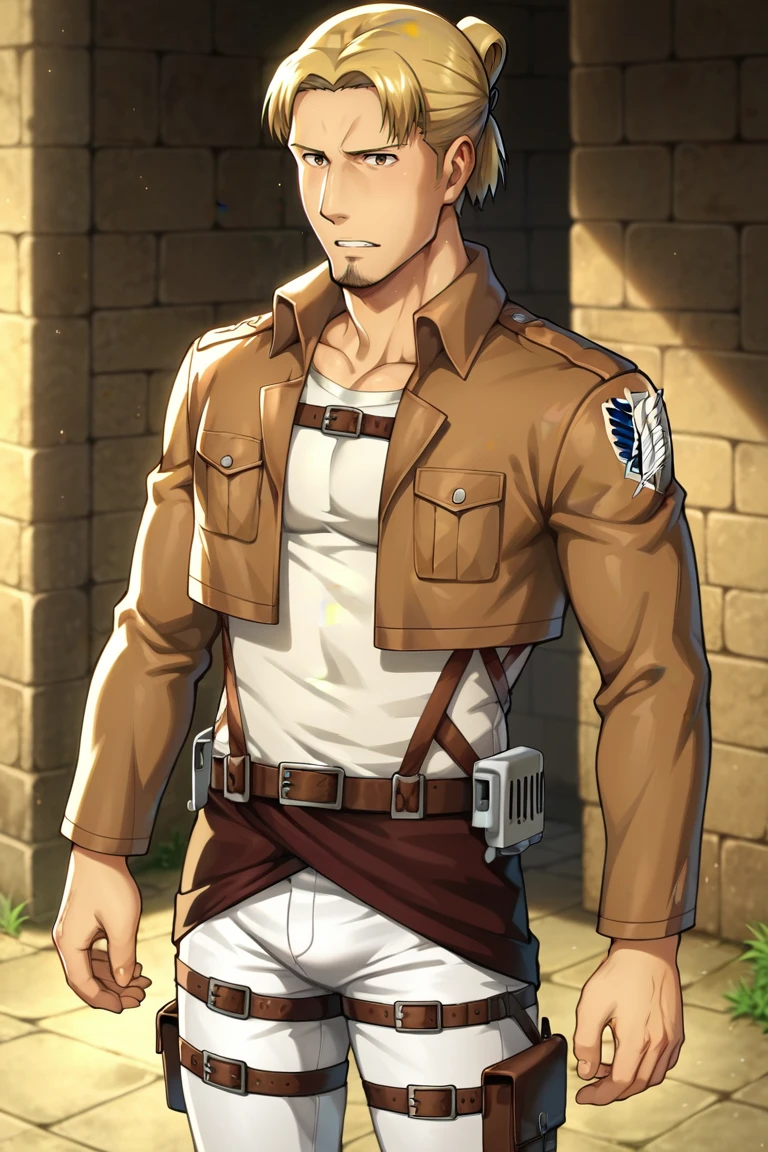 score_9, score_8_up, score_7_up, score_6_up, perfect anatomy, perfect proportions, best quality, masterpiece, high_resolution, high quality, best aesthetic, incredibly absurdres, highres, extremely detailed, huge filesize, mature, masculine, manly, virile, handsome, charming, alluring, bara, male focus, solo male, cowboy shot, dutch angle, WIT style, source_anime \(Attack on Titan\), anime coloring \(Attack on Titan\), Eld Gin, AOTEld, blond hair, middle parting hair, single hair bun, brown eyes, sideburns, facial hair, stubble, light goatee, Eld_outfit01, paradis military uniform, beige undershirt, (tan jacket, cropped jacket, open jacket:1.2), chest strap, thigh strap, white pants,