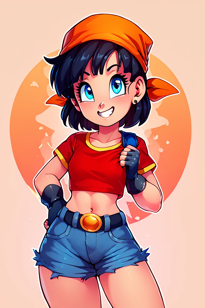 score_9, score_8_up, score_8, medium breasts, (curvy), cute, eyelashes,       BREAK, , zzPan, black hair, short hair, bandana, gloves, fingerless gloves, red shirt,  <lora:Pan_Dragonball_PDXL:0.8>, , BREAK, smile, looking at viewer,  abstract background, white outline, cowboy shot, embedding:zPDXL, Expressiveh, <lora:theOtherHalfPDXL:0.8>,  <lora:CatalystStylePDXL:0.6>,  <lora:SDXLFaeTastic2400:0.5>,  <lora:Expressive_H-000001:0.4>,