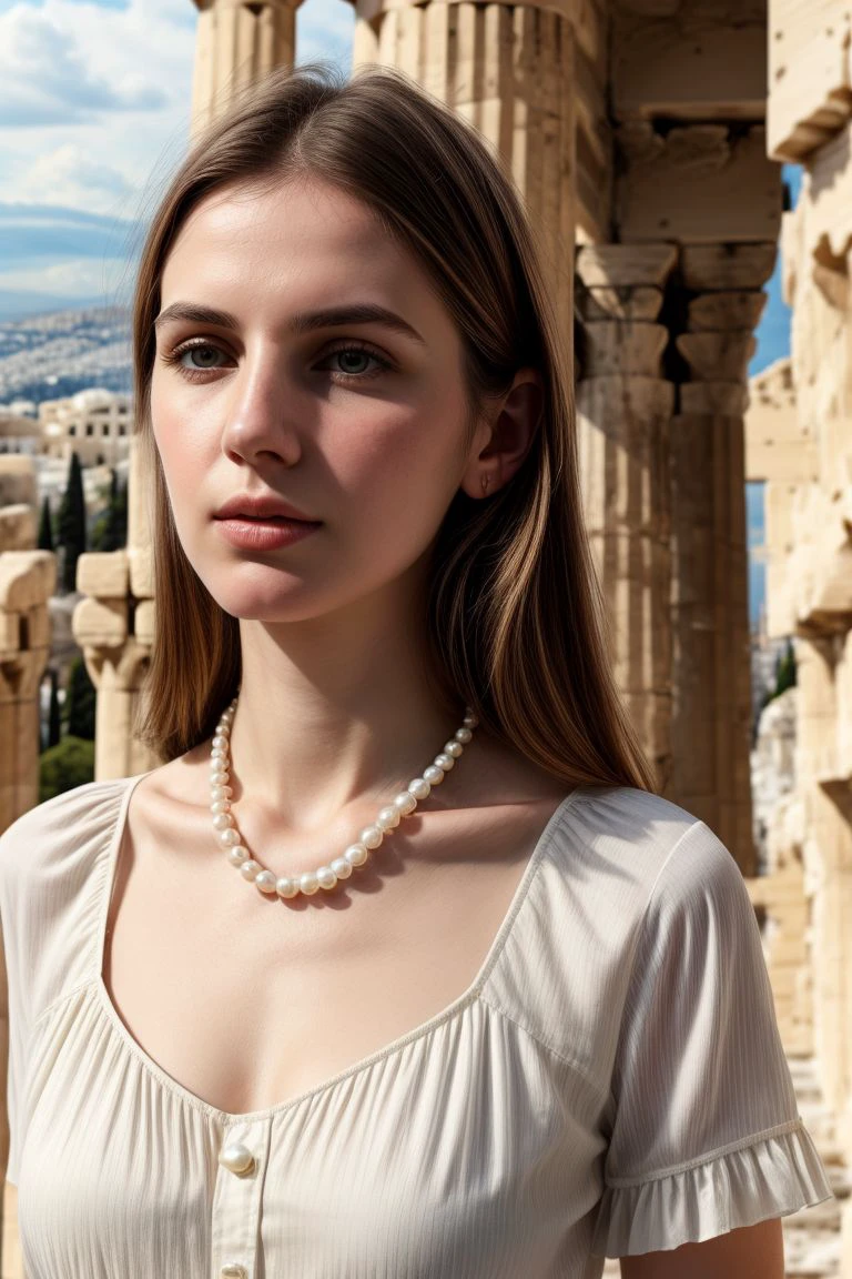 European woman, closeup, (shirt), pants, (machu picchu), pearl necklace , ZM_christina , wide shoulders, perfect face, (contact iris: 1.1), pale skin, skin pores , depth of field