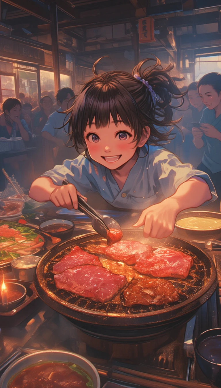 In a cozy, bustling yakiniku restaurant, a young girl with sparkling eyes and a playful smile sits at a traditional wooden table adorned with a colorful array of marinated meats, vibrant vegetables, and tantalizing dipping sauces. She leans forward eagerly, her small hands deftly maneuvering the tongs as she places juicy slices of tender beef on the hot, charcoal-filled shichirin grill, which crackles and pops, releasing a fragrant aroma of smoked meat into the air.
The surrounding atmosphere is lively, with the cheerful chatter of diners resonating off the wooden beams overhead, blended with the occasional hiss of cooking meat. The girl's ponytail bounces slightly as she laughs, the warm glow from the grill illuminating her delighted face. Candles flicker gently on the table, casting playful shadows that dance across the walls, while a low hum of traditional Japanese music provides a soothing backdrop to the culinary experience.
Each sizzling piece of meat caramelizes beautifully, its surface marked by perfect grill lines, releasing mouthwatering juices that create a savory steam. The girl eagerly watches the meat transform, her expression a mixture of anticipation and joy, as the scent of grilled goodness envelops her senses. Dipping a perfectly cooked piece into a glossy, homemade tare sauce, she takes a bite, her eyes lighting up with pleasure as the rich flavors burst in her mouth, mingling delightfully with the smoky undertones from the grill.lyh