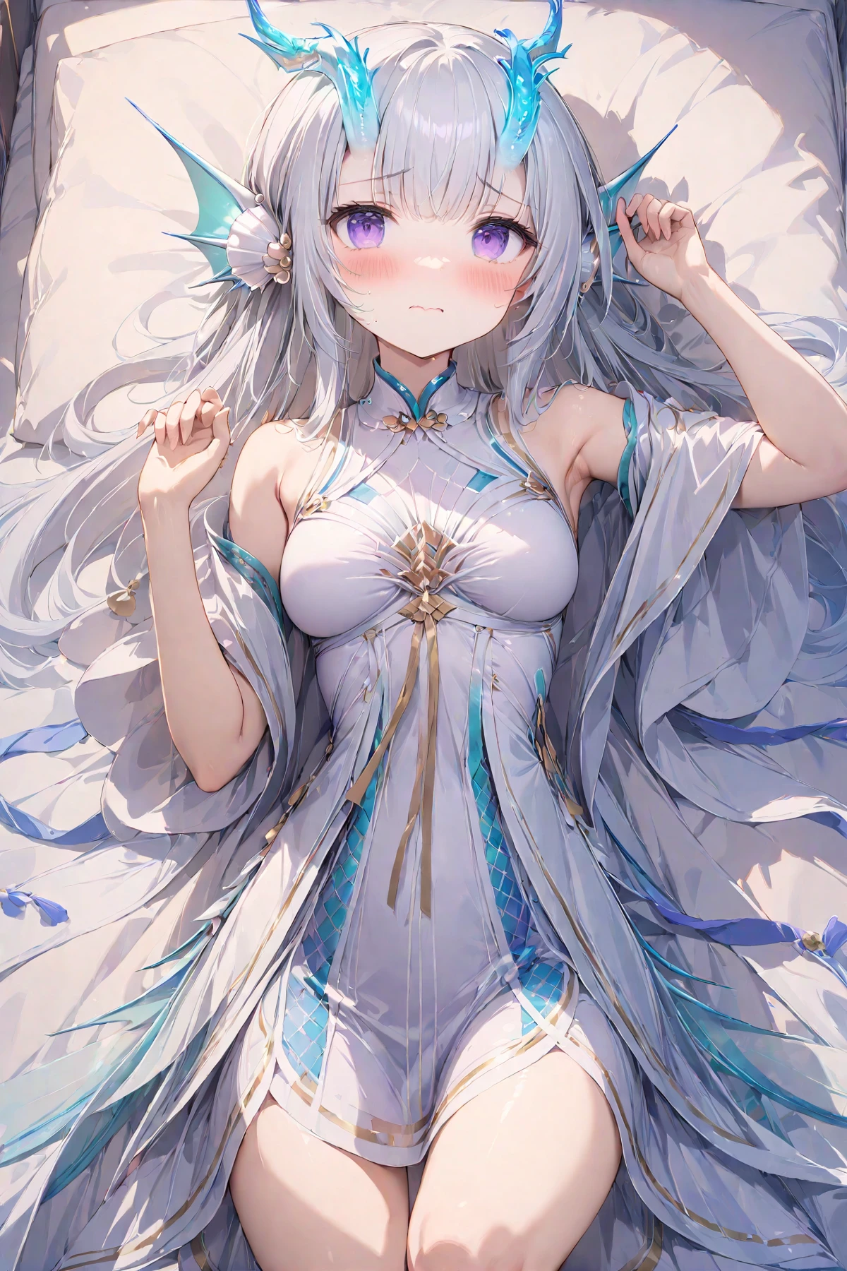 masterpiece, best quality, perfect features, intricate details, 1girl, solo, cowboy shot, lying, bed sheet, looking at viewer, shy, blush, wavy mouth, blush, arms up, bare legs,good hands,medium breasts,
, white hair, purple eyes, dragon horns, fins, head fins, (dress:1.4), bare shoulders, <lora:Xishi_YLQY_xl:0.8>