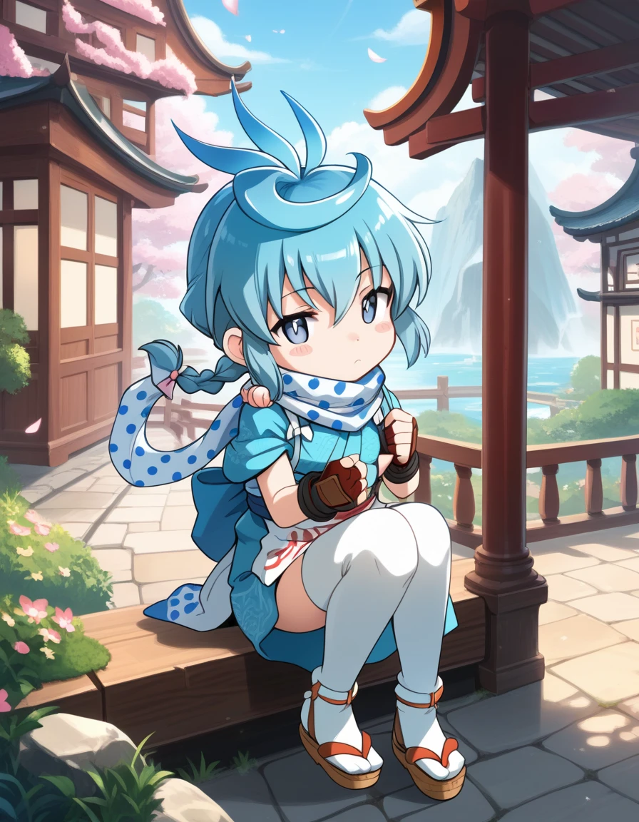 fubuki_j_kisaragi,  blue hair, blue eyes, single braid, antenna hair, chibi,
scarf, japanese clothes, kimono, blush stickers, fingerless gloves, apron, zettai ryouiki, white thighhighs, sandals, 
 <lora:fubuki_j_kisaragi_pony_v1:1>
sitting, dynamic pose ,
closed mouth, blush,expressionless 
looking at viewer,(cowboy shot:1.3),
outdoors,, masterpiece, best quality, score_9, score_8_up, score_7_up, best quapoty, highres, absurdres, source_anime, zPDXL2, 1girl,