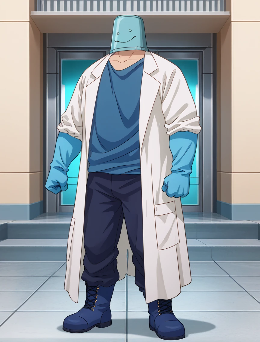 zPDXL2,rating_safe,<lora:Nanao_V2:1>,nanao,solo,male focus,1boy,gloves,pants,lab coat,bucket on head,covered face,latex gloves,boots,blue gloves,clenched hands,full body,blue shirt,shirt,black pants,clenched hand,