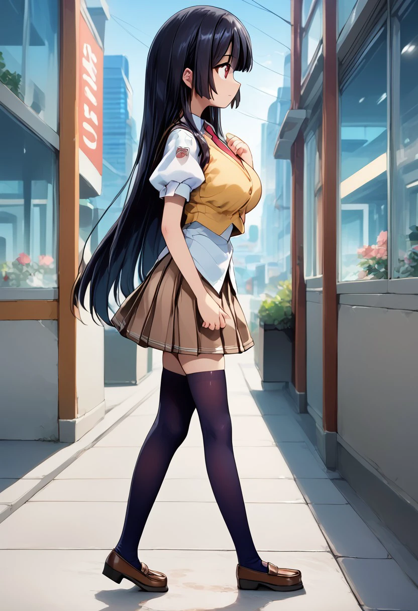 3nah1me, 1girl, solo, thighhighs, skirt, necktie, black thighhighs, zettai ryouiki, vest, school uniform, shoes, loafers , city, city lights, cityscape,indoors, walking on the sidewalk, cafe with tables outside, shop windows, right side view,(zPDXL2:1.5), bulky body, big breasts, wide hips, <lora:584554b1-5638-4ae3-a13c-f32e986cc10d:1.0>, <lora:d73a94d8-d621-43ad-a0df-a7200916478b:1.0>