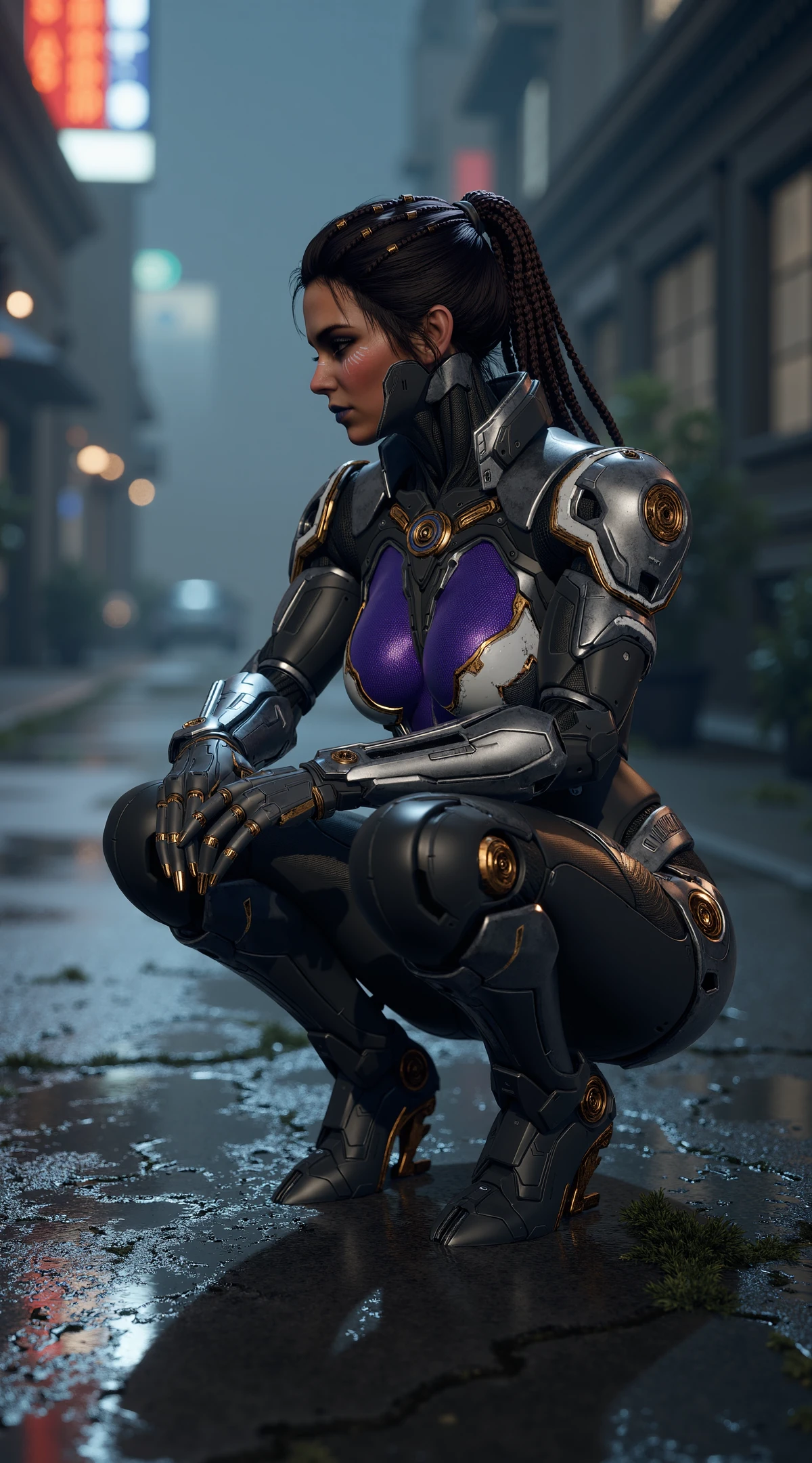 a realistic cinematic film still of TFD-Sharen-Default-NoHelmet, a female cyborg in a futuristic, armored suit is crouching on one knee in rainy foggy city street in bad weather and heavy rain at night. The ground is dirty wet concrete with foliage growing from cracks. There are reflections from the wet reflective ground and puddles. She is analyzing the ground and looking to the side.
She has white makeup lines and silver lipstick. Her dark brown hair is styled in multiple long, thick braids adorned with small, metallic rings. She has medium breasts and round buttocks.
She has a futuristic, armor-like suit that is predominantly metallic silver with gold accents and intricate, glowing blue details. The suit is form-fitting and covers her entire body, with a high collar that extends to her neck and a large chest piece that reveals a large glowing purple skin-tight design. The armor has a sleek, polished appearance with smooth, rounded edges and a slightly reflective surface, giving it a high-tech, futuristic aesthetic.  The suit's form-fitting, aerodynamic shape, emphasizes her curvaceous physique <lora:TFD-Sharen-Default-NoHelmet:0.7>