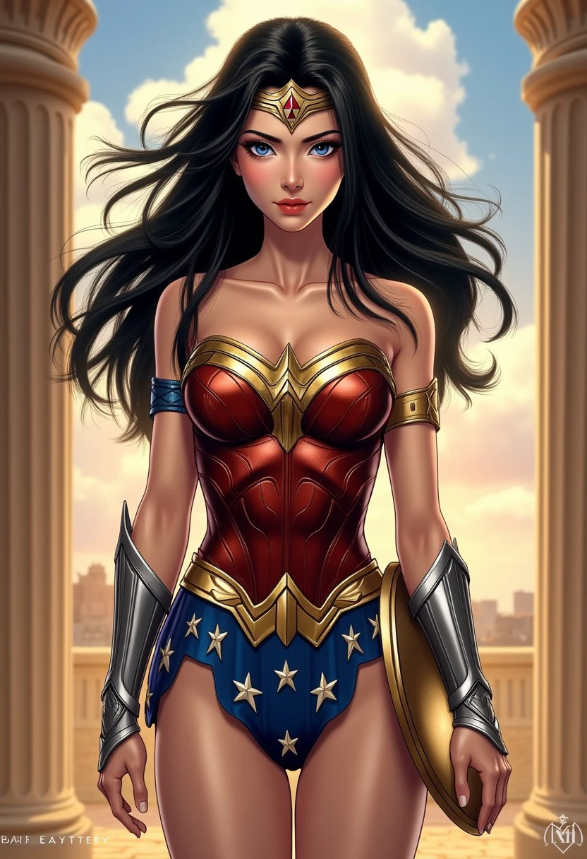 yuanyao,1girl, (Western Comics), upper body shot, (Wonder Woman), black long hair girl, floating hair, wild hair, dressing high detailed Wonder Woman suit, in dynamic pose, (Ancient Greece background), seductive, innocent, slim, skinny