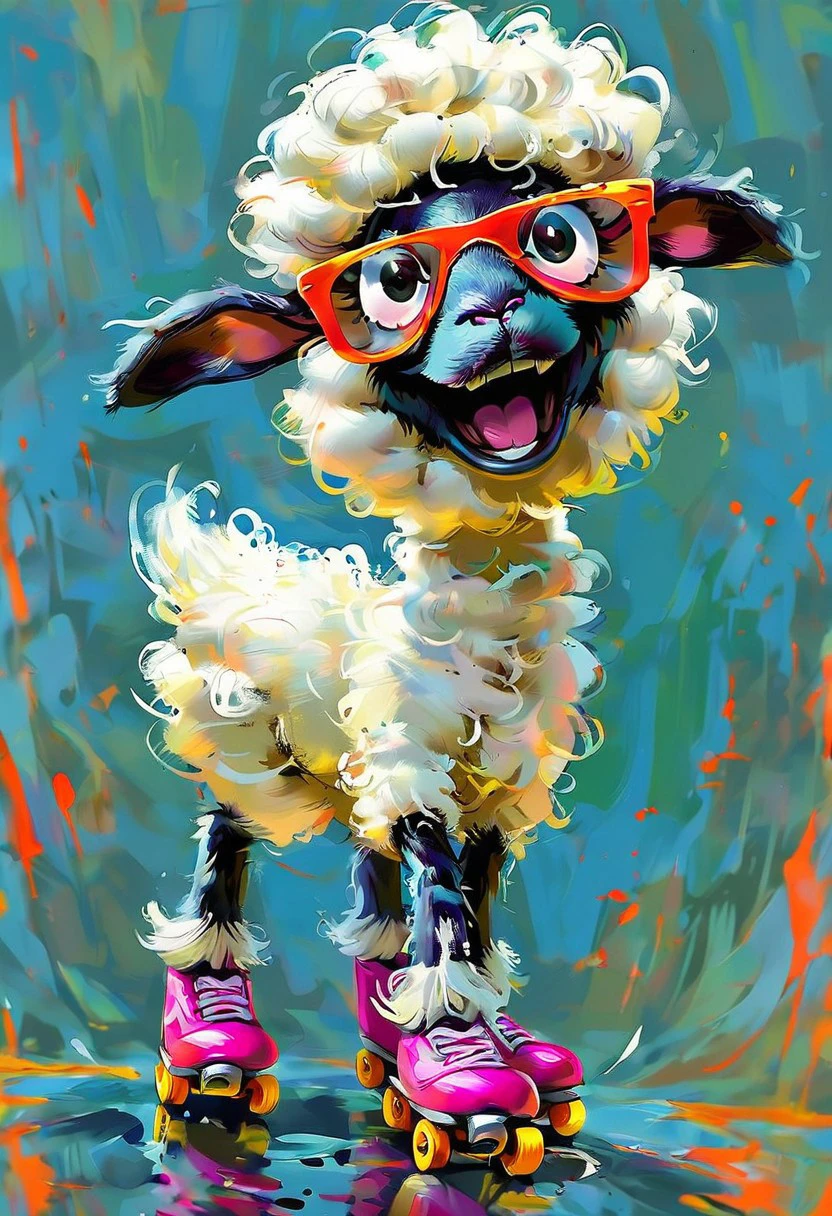 evang, egpainterly, goofy looking sheep wearing glasses and rollerblades