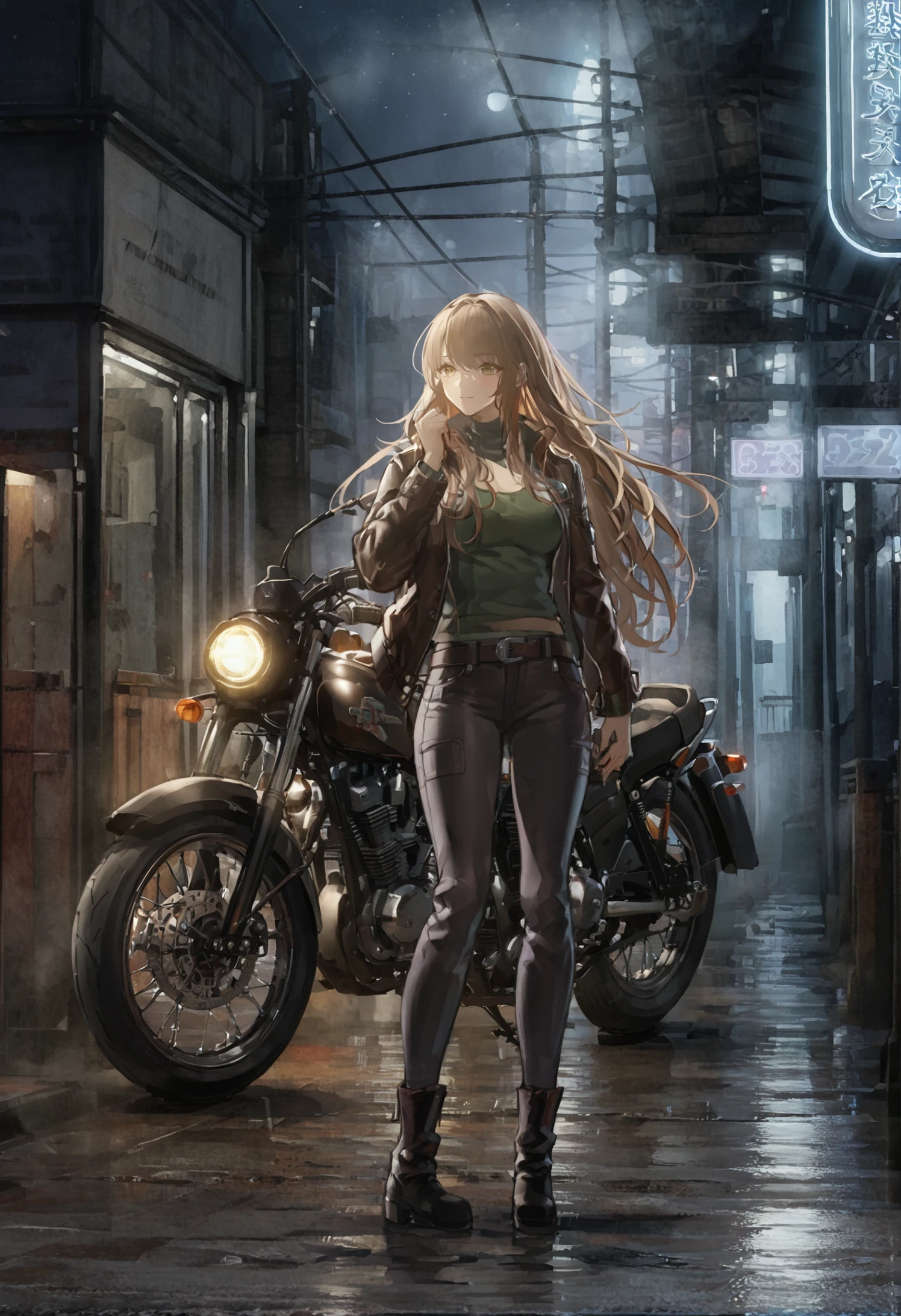 masterpiece, best quality, motorcycle, motor vehicle, solo, long hair, pants, 1girl, boots, jacket, black footwear, night 
 <lora:joezunzunXLlokr4f-000179:0.95>