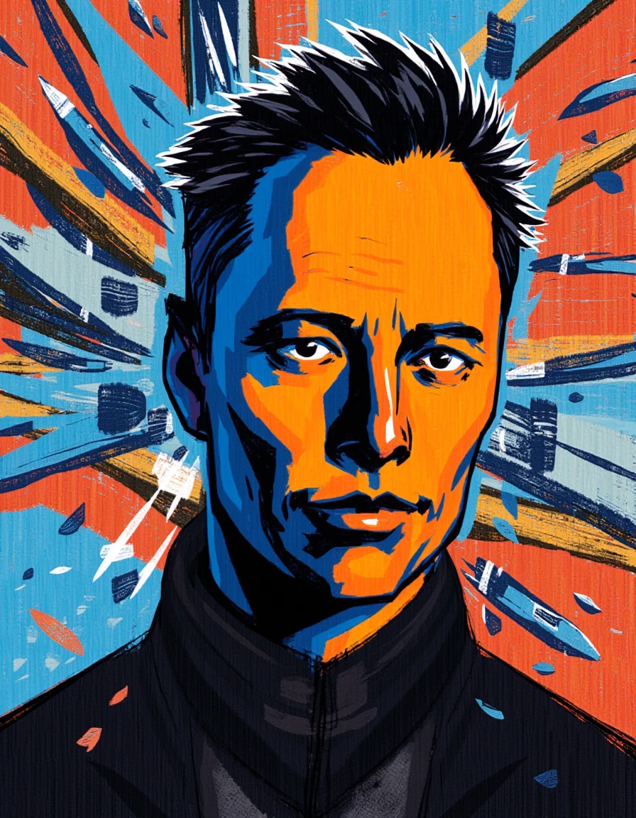 In a striking abstract expressionist headshot portrait of Elon Musk, bold and jagged brushstrokes converge to create a pulsating energy that embodies his audacious spirit and visionary mindset. The artist employs a daring palette of deep blues and fiery oranges, symbolizing the fusion of technology and creativity that Musk represents. Sharp, contrasting strokes radiate from his piercing gaze, which is filled with an intense focus and an insatiable curiosity. 

The background, a swirling chaos of vibrant colors, mirrors the ever-evolving landscape of innovation and exploration, interspersed with geometric shapes that hint at the structured nature of engineering and design. As the viewer's eye moves through the composition, it encounters subtle cues—fragments of rockets, electric cars, and celestial bodies—that weave into the artwork, revealing glimpses of Musk's multifaceted endeavors.

The emotional tone reverberates with a sense of ambition and restlessness, capturing Musk's relentless drive to push boundaries and challenge the status quo. The texture of the paint, thick and layered in some areas while thin and translucent in others, adds a tactile quality, inviting viewers to reach out and explore the complexity of both the artwork and the subject it portrays.