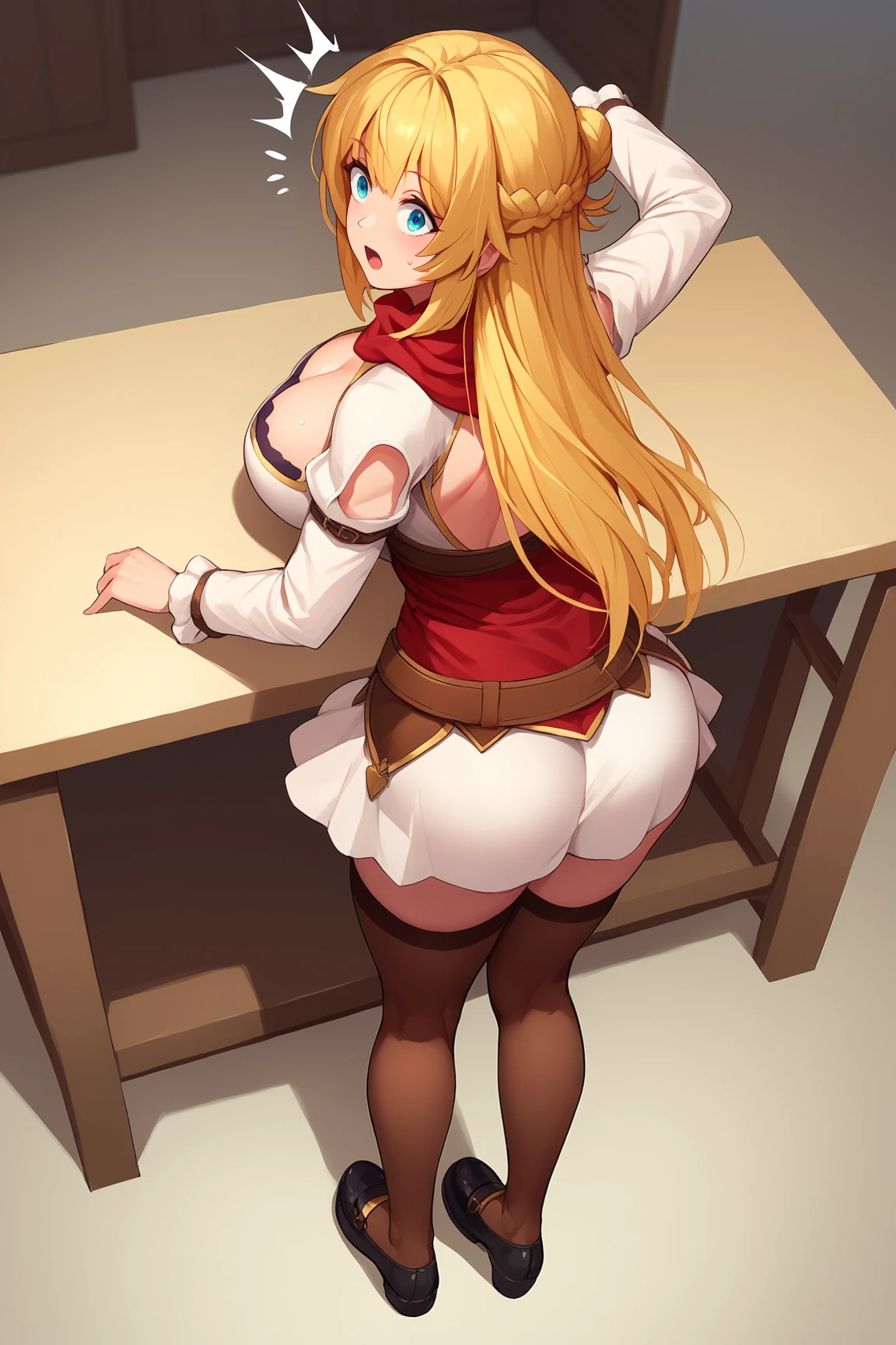 sensual,long blonde hair, thick thighs, 8K, 4K, highest quality, High resolution:1.2), cute anime face, noise reduction, shining blue eyes, gentle smile, Gentle eyes、wearing a headband, naked, toned abdominal muscles, muscular arms, muscular legs, (((exposed nipples))). , young face, anime chic eyes, In a church, red bodysuit, Red rubber suit,red thong, Lock,O-ring,See-through,veil,elbow bag,Mistress,collar,cuffs ,thigh strap,thigh boots, Harness、全身Harness、garter belt、(((T-back that digs into your butt、emphasize the buttocks、she turns around and shows me her ass)))、(((big breasts、big ass)))