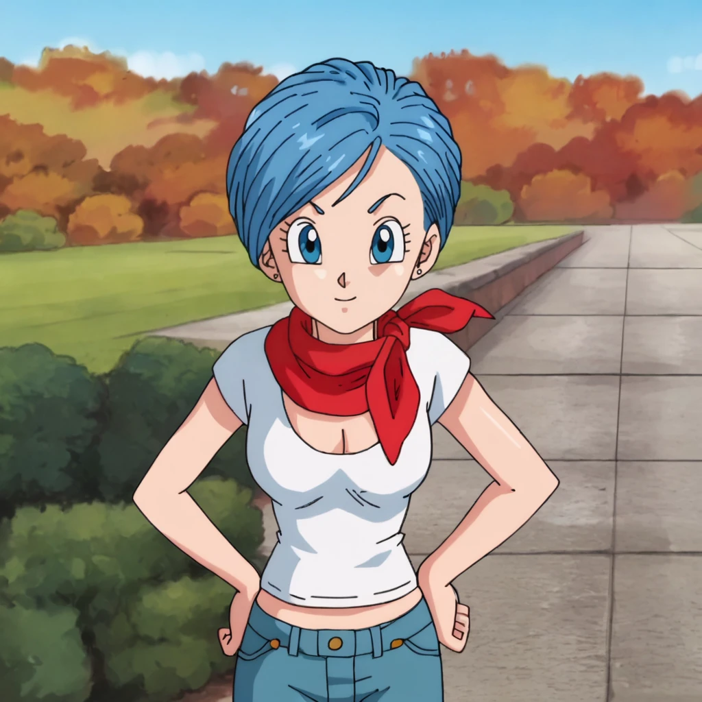 <lora:bulmadragonball_pony_v1:1>Bulma, 1girl, solo, blue hair, blue eyes, short hair, jeans, pants, denim, midriff, neckerchief, cowboy shot, looking at viewer, thick body