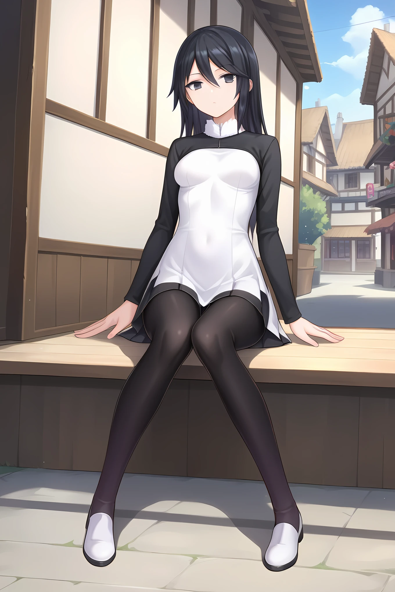 (white dress two-tone dress black sleeves short dress black leggings white shoes), dsc-yuuko, black hair, medium breasts, 1girl, solo, skinny, score_9, score_8_up, score_7_up, score_6_up, score_5_up, source_anime, , town, (1.3::full body|sitting|standing|lying|0.6::close-up| :1.20), , <lora:dsc-yuuko-V01-000005:0.70>