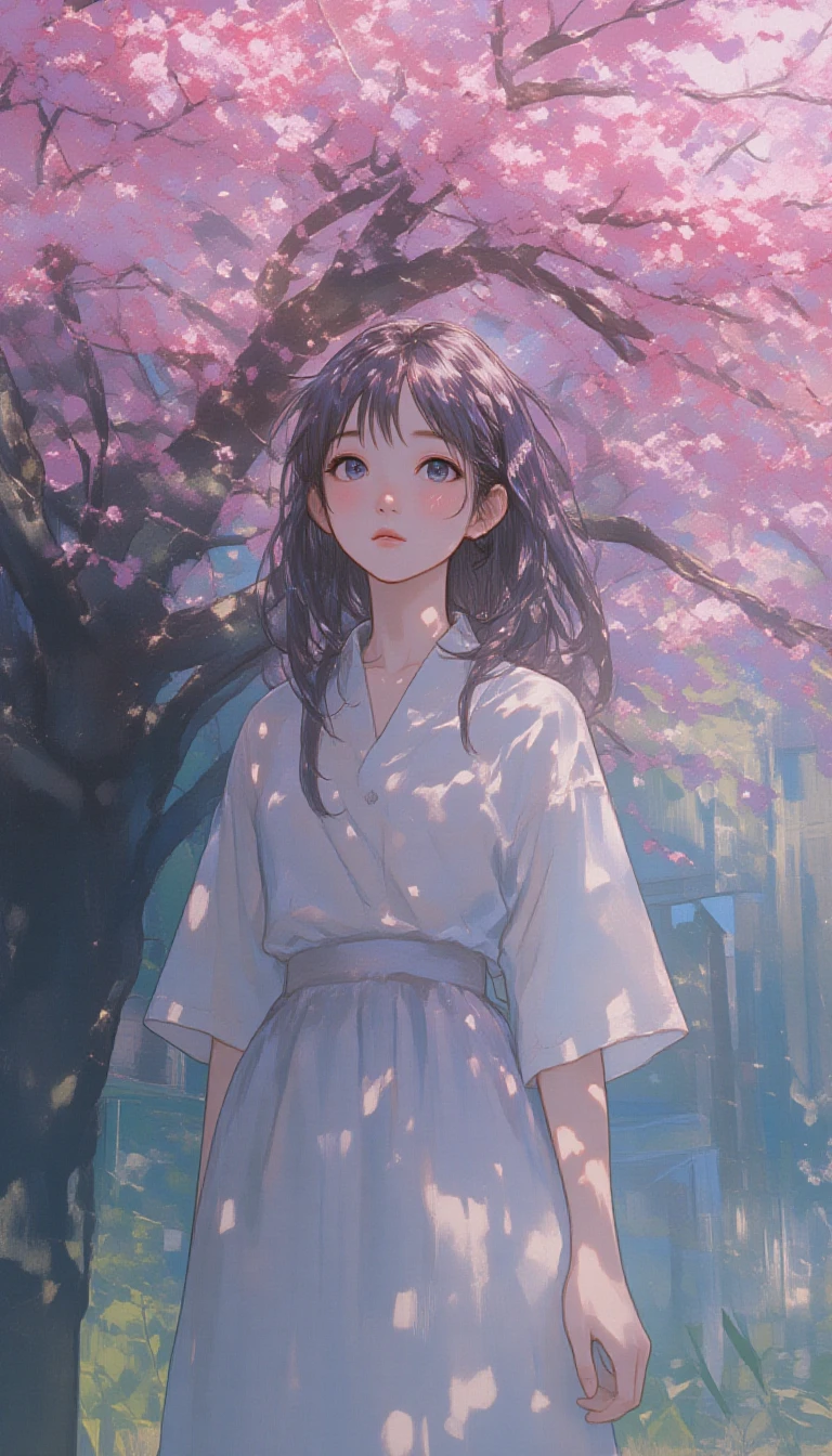 a girl standing in front of a tree with pink flowers,