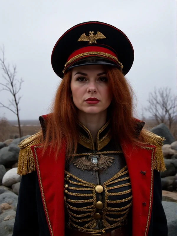 a redhead woman with freckles wears a military unifor with a hat in a post apocalyptic scenery <lora:Commissar40k:0.9>