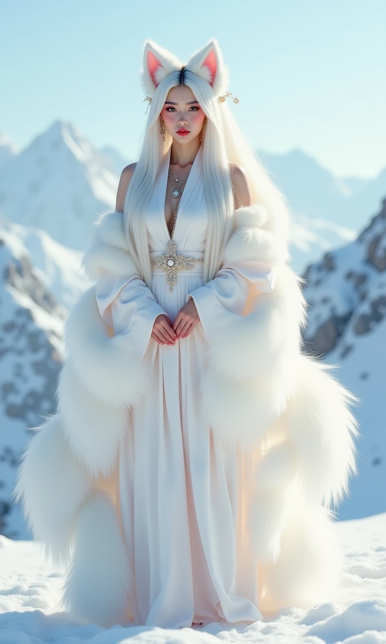 the nine tailed fox, with nine oversized fluffy tails and white fox ears, stands out with makeup, chinese clothing, hair accessories, jewelry, earrings, wide sleeves, and bare shoulders. it is sexy, seductive, and semi transparent on the snowy mountains. filled with incredibly rich details, creating realistic visual effects. realistic photography, the image is a portrait of a young woman standing in a snowy mountain landscape. she is wearing a long white dress with a high neckline and long sleeves. the dress is **** of a light pink fabric with a gold necklace and earrings. the woman has long white hair that is styled in a half-up, half-down look with cat ears on top. she has red lipstick on her lips and is looking directly at the camera with a serious expression. the background shows a mountain range covered in snow and a clear blue sky. the overall mood of the image is mystical and mystical., nine tailed fox, Ultimate quality, extremely detailed, ultra-fine face, ultra-high definition 8K, 8K resolution,