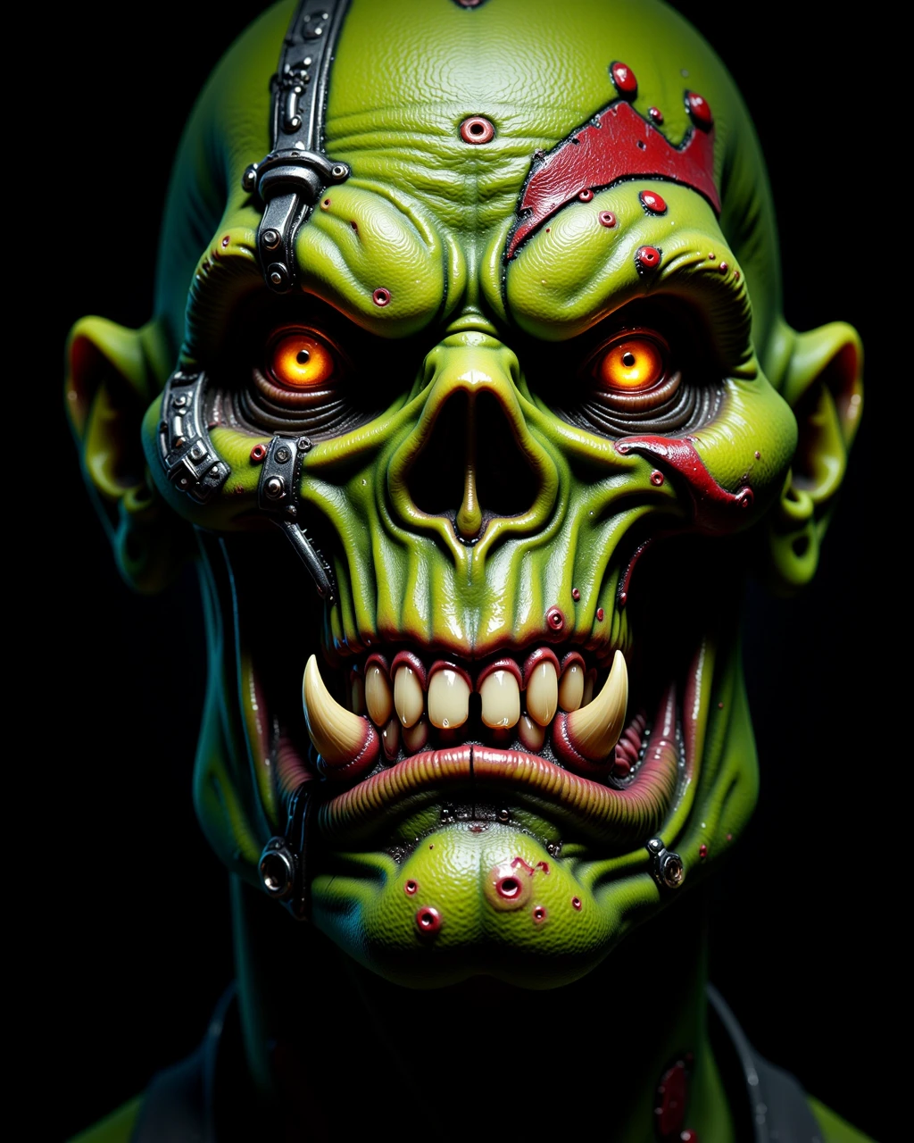 extremely closeup portrait of ork face with green skin and a crude yet complex facial tattoo, facial scarring, very detailed orange eyes, crooked snarl expression