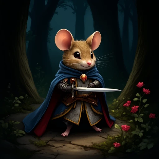 MazesAndMice, The image is a digital illustration of a mouse dressed up as a knight. The mouse is standing in a forest-like setting with tall trees and bushes in the background. It is wearing a blue cloak with gold accents and a gold belt with a sword in its hand. The cloak has a gold emblem on the left side and a red ribbon tied around its waist. The sword is held in the mouse's right hand and is pointed towards the viewer. The background is dark and the overall mood of the image is mysterious and magical., weapon, sword, mouse, cape, solo, flower, furry, mouse ears, nature, armor