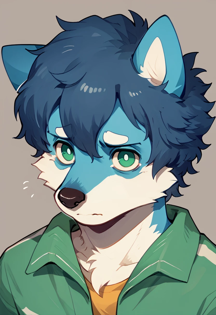 score_9, score_8_up, score_7_up, high quality, hires, solo, minty, mintelon_dog_oc, mintealon, furry, solo, blue fur, short hair, blue hair, green eyes, dog boy, looking at viewer, sad, <lora:Minty_Dog_Mintealon_OC:1>