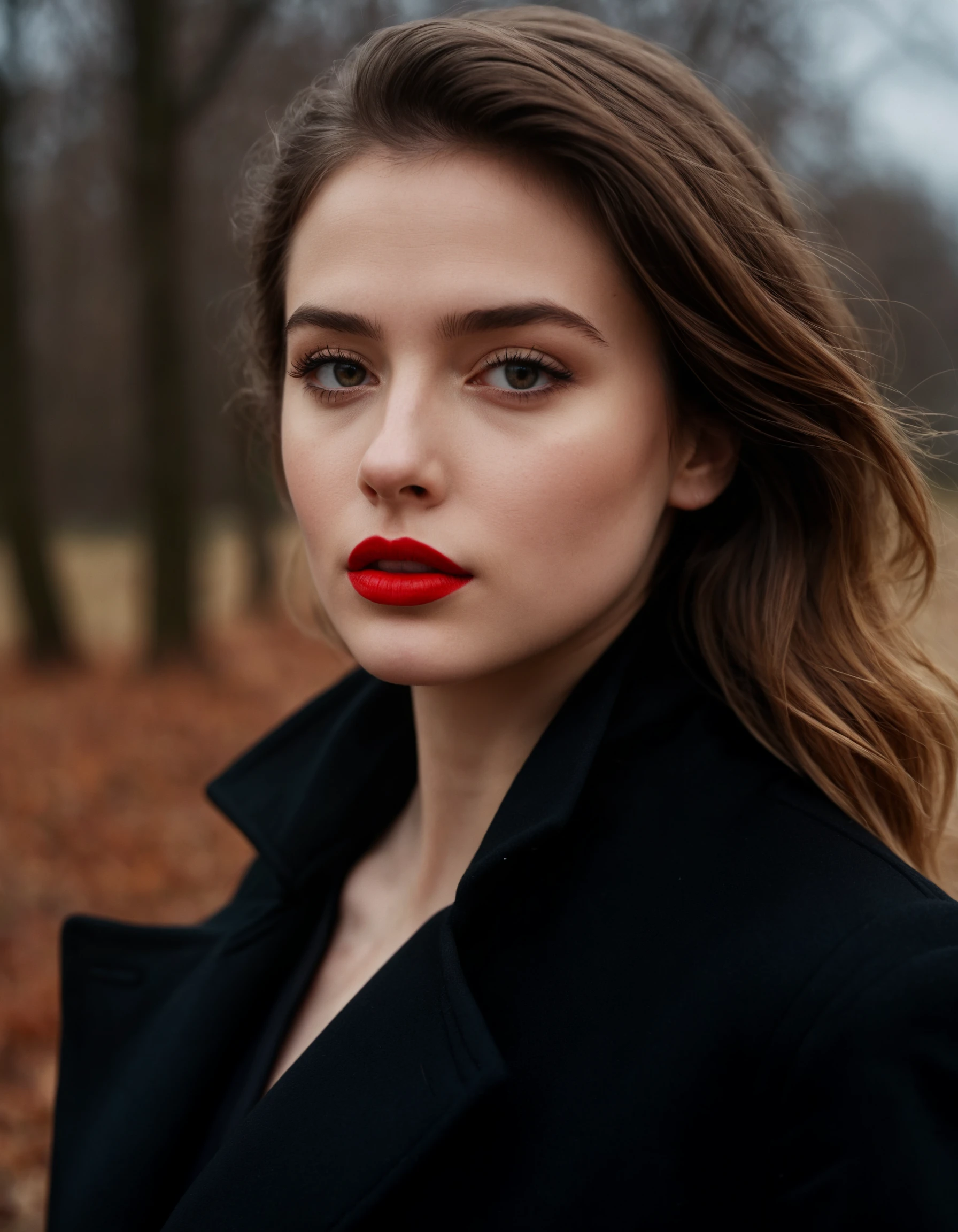 instagram photo, photo of a 24 y.o woman, red lips, fair skin, black coat, wearing top with low neckline, outdoor