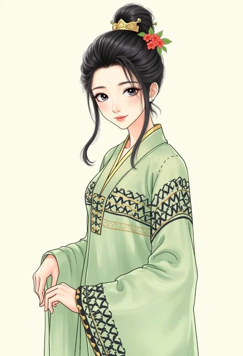 yuanyao,1girl,A woman of traditional Chinese style,with fair skin and large,expressive eyes with a soft gaze,her hair black with fluffy waves and dotted with small red flowers,wears a flowing pale green robe with intricate black patterns reminiscent of traditional Chinese clothing,and the robe is decorated with golden details that enhance the traditional aesthetic,Set against a minimalist off-white canvas with an almost translucent texture,this illustration is presented in a delicate watercolor style,