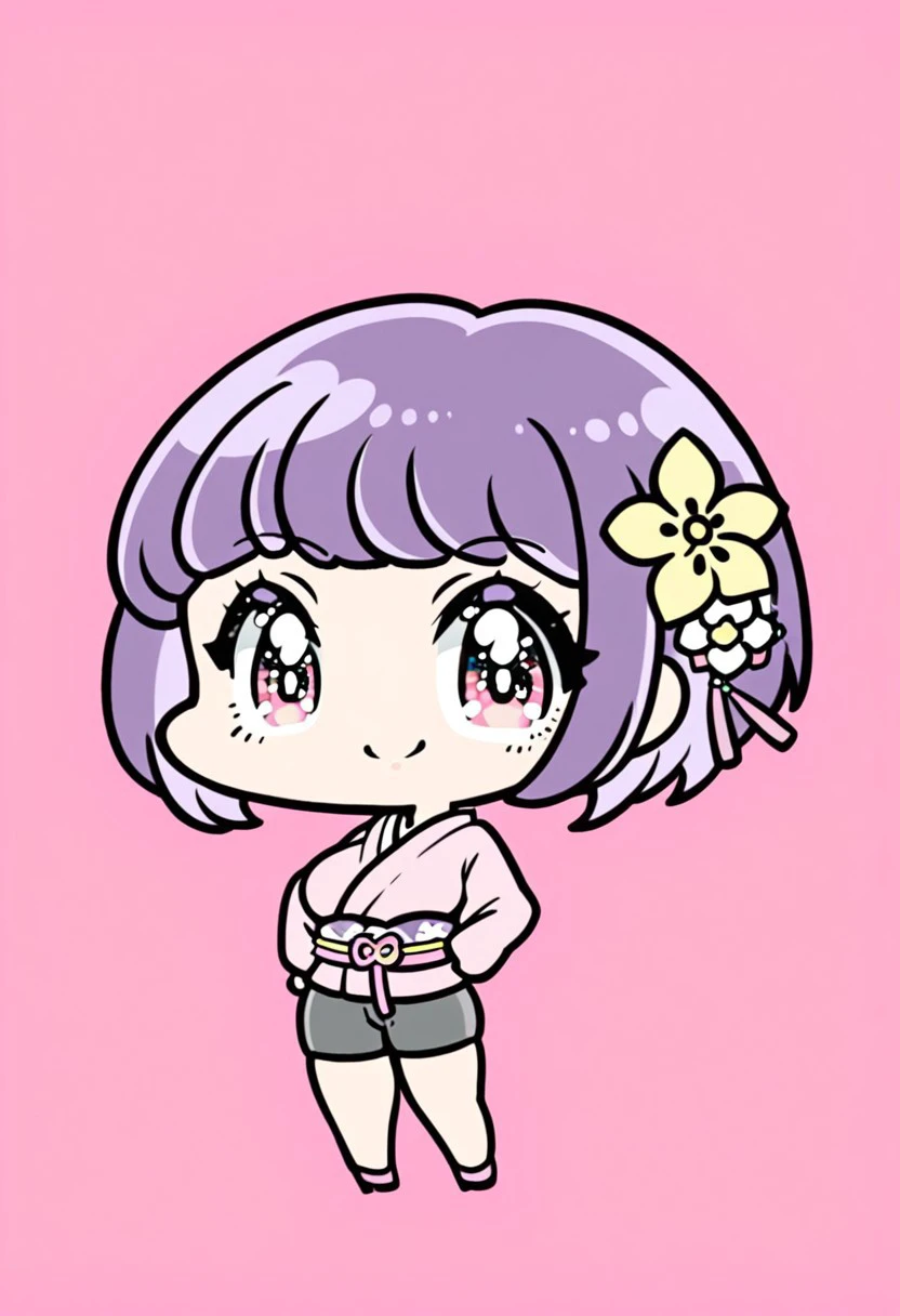 Solo,1girl,shorts, hair ornament, flower, kimono, high heels, harajuku,breasts, purple hair, pink background,Yurie Sekiya art style, digital illustration,chibi,half body,hands on hips